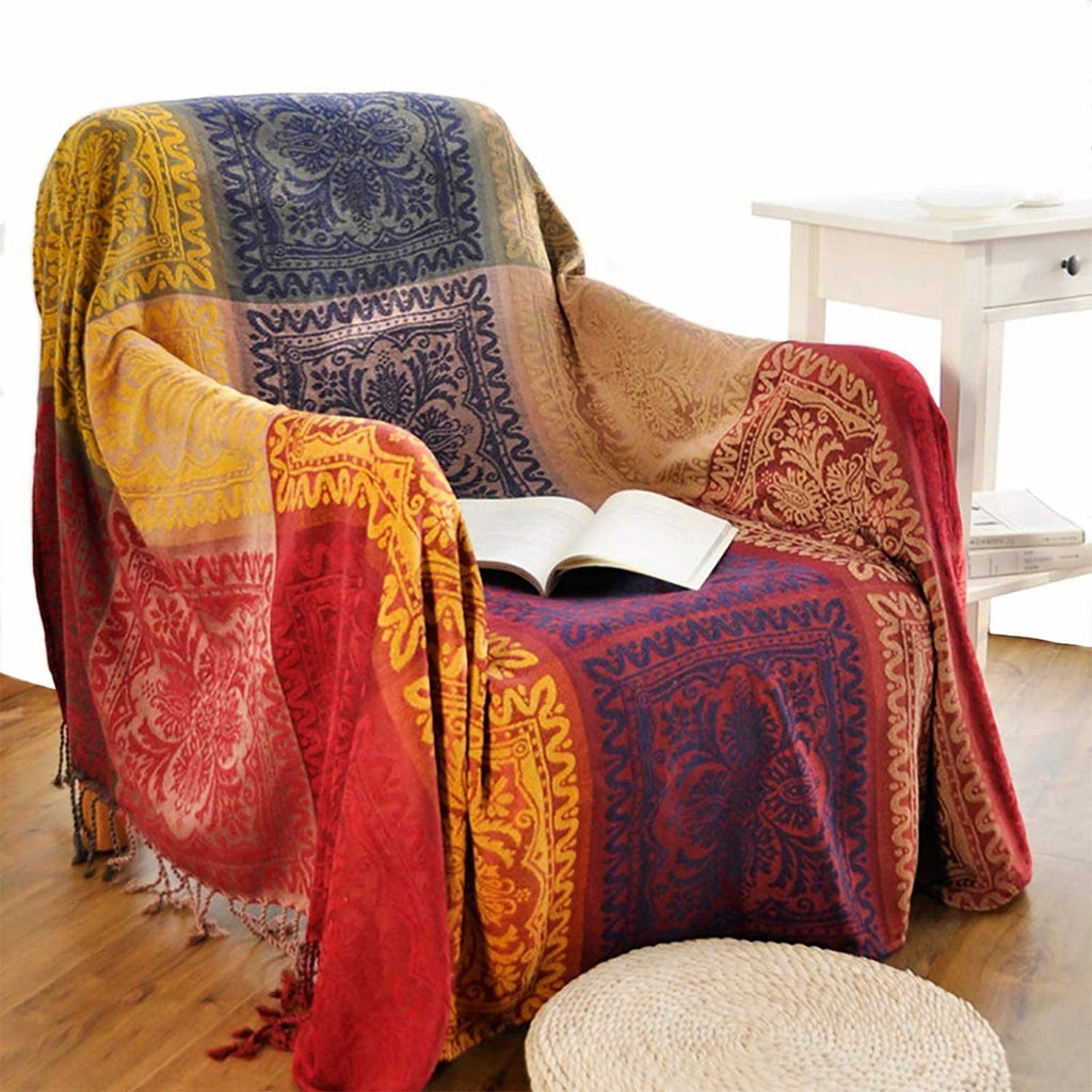 Reversible Sherpa 75x60 Inch Machine Wash Boho Tribal Throws Blankets Colorful Bohemian Hippie Chenille Throw Covers Couch Furniture So... - Luxury Knitted Decorative Throw Blanket with Fringes - Default Title