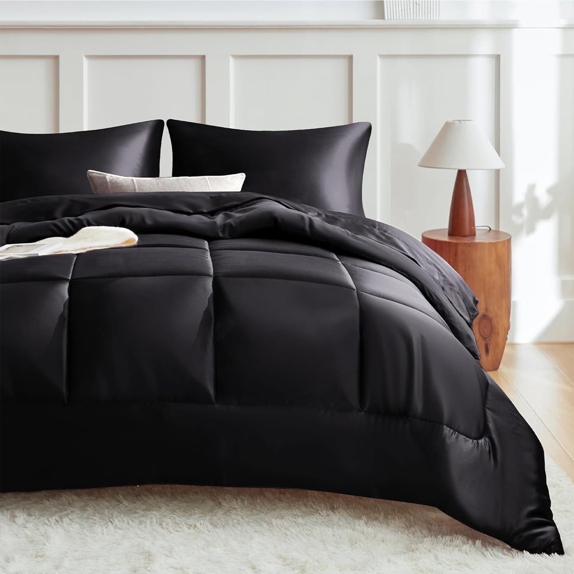 All-Season Reversible Satin Microfiber Comforter 3 Pieces Queen Size, Black Queen Comforter Set for All Seasons, Silky Soft Sati... - Luxurious Quilted Duvet Cover Set - Default Title