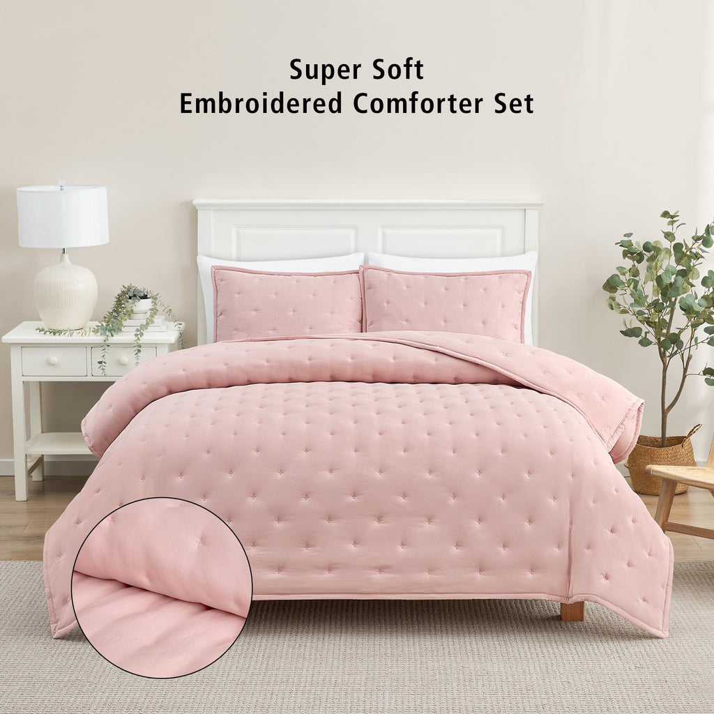 Hypoallergenic Cloud Full/Queen Comforter Set, Super Soft & Embroidered, 3-Piece, Pink - Luxurious Quilted Duvet Cover Set - Default Title