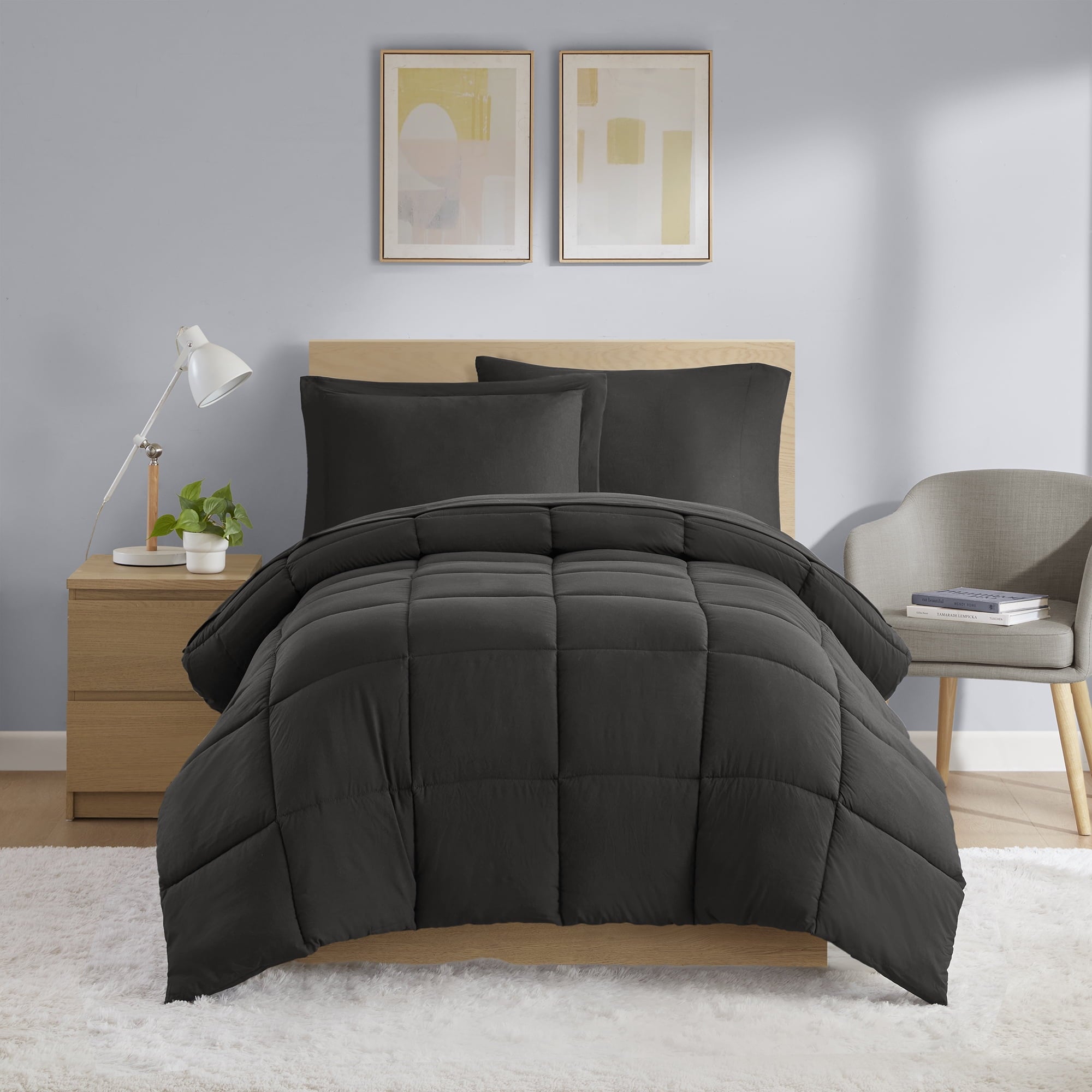 Luxurious Quilted All in One Down Alt Reversible Comforter and Sheet set- 5 Piece, Twin, Black - Cloud-Like Soft Lightweight Bed Comforter - Default Title