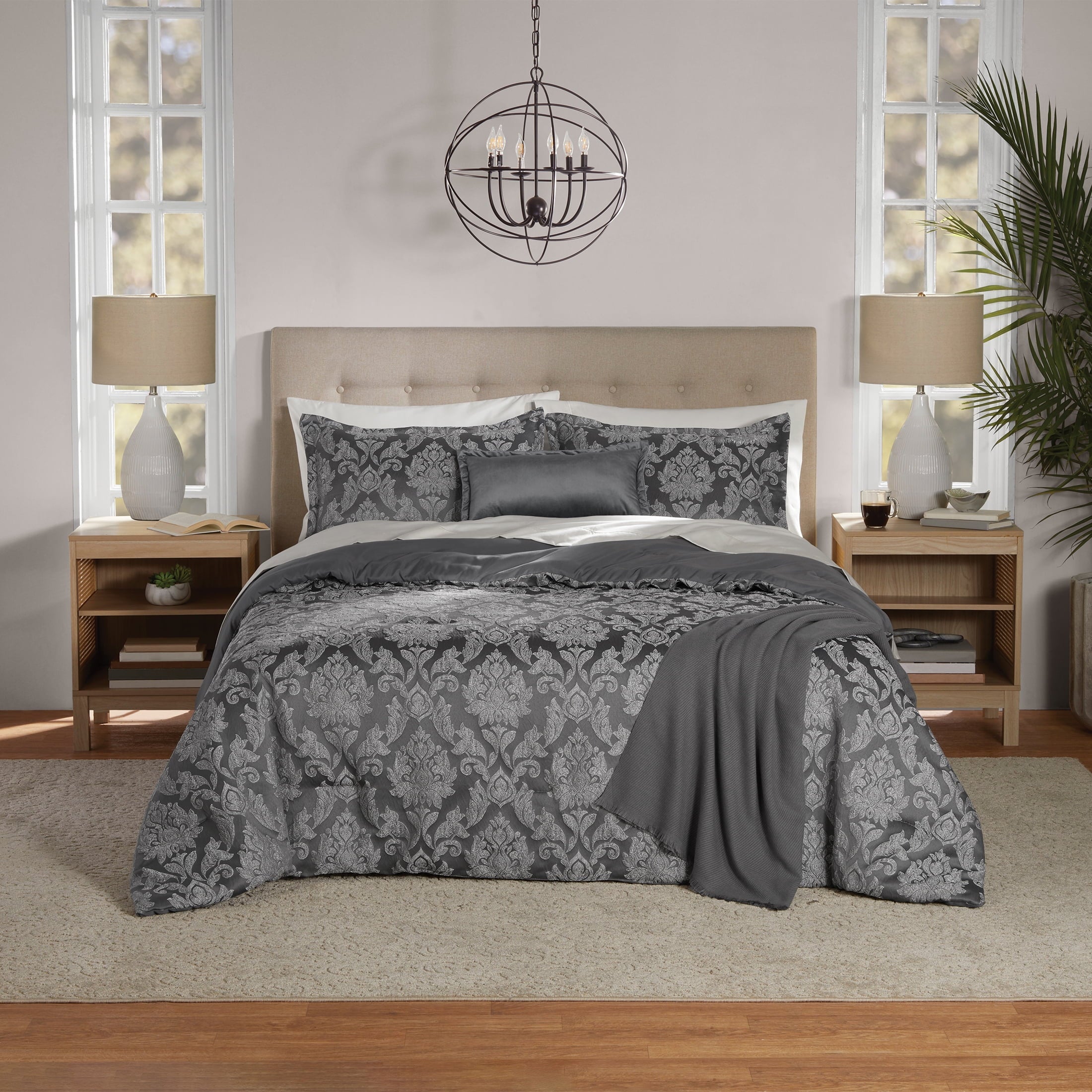 Fluffy Down Alternative Full/Queen Comforter Set, All-Season, 5-Piece, Grey Jacquard Damask - Cloud-Like Soft Lightweight Bed Comforter - Default Title