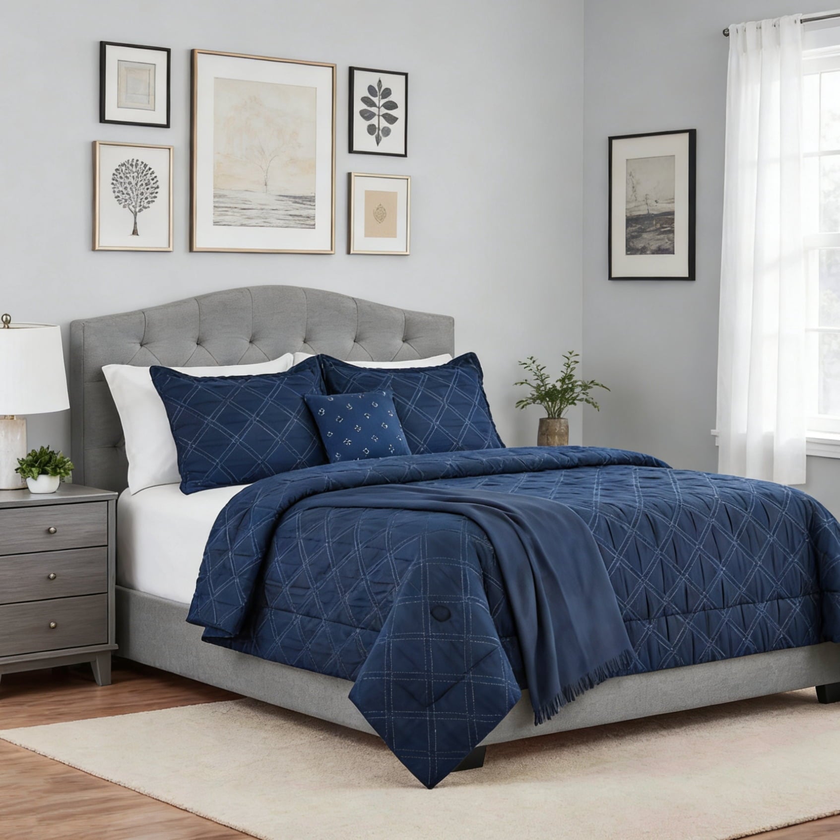 Fluffy Down Alternative 5-Piece Reversible Comforter Set Navy Cross Stitch Bedding with Decor Pillow and Throw, Full/Queen - All-Season Down Alternative Comforter Insert - Default Title