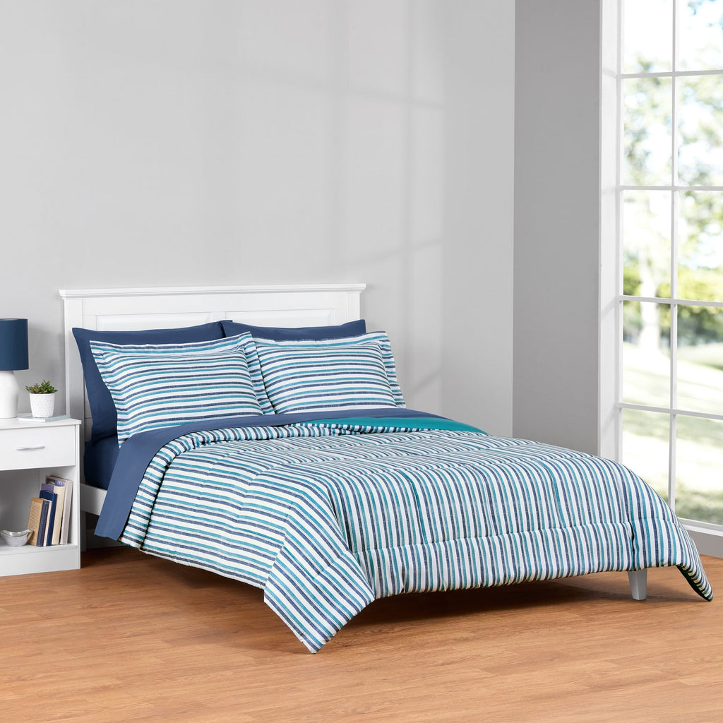 Fluffy Down Alternative All in One Reversible Comforter and Sheet Set- 7 Piece, Queen, Blue Pinstripe - All-Season Down Alternative Comforter Insert - Default Title
