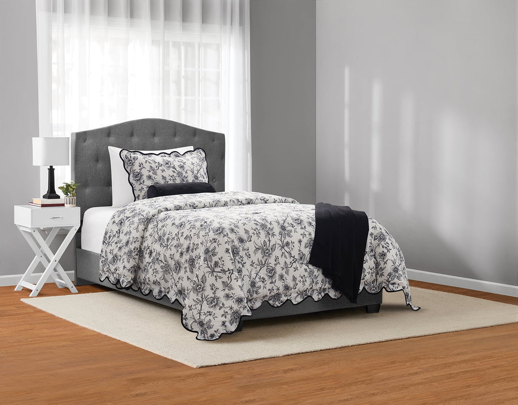 All-Season Floral Scallop 4-Piece White/Black Comforter Set, Twin/Twin XL - Luxurious Quilted Duvet Cover Set - Default Title