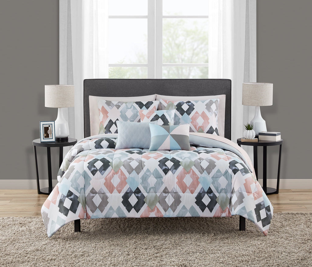 All-Season Reversible Marble Diamond 8-Piece Bed in a Bag Bedding Set, Twin/Twin XL - Luxurious Quilted Duvet Cover Set - Default Title