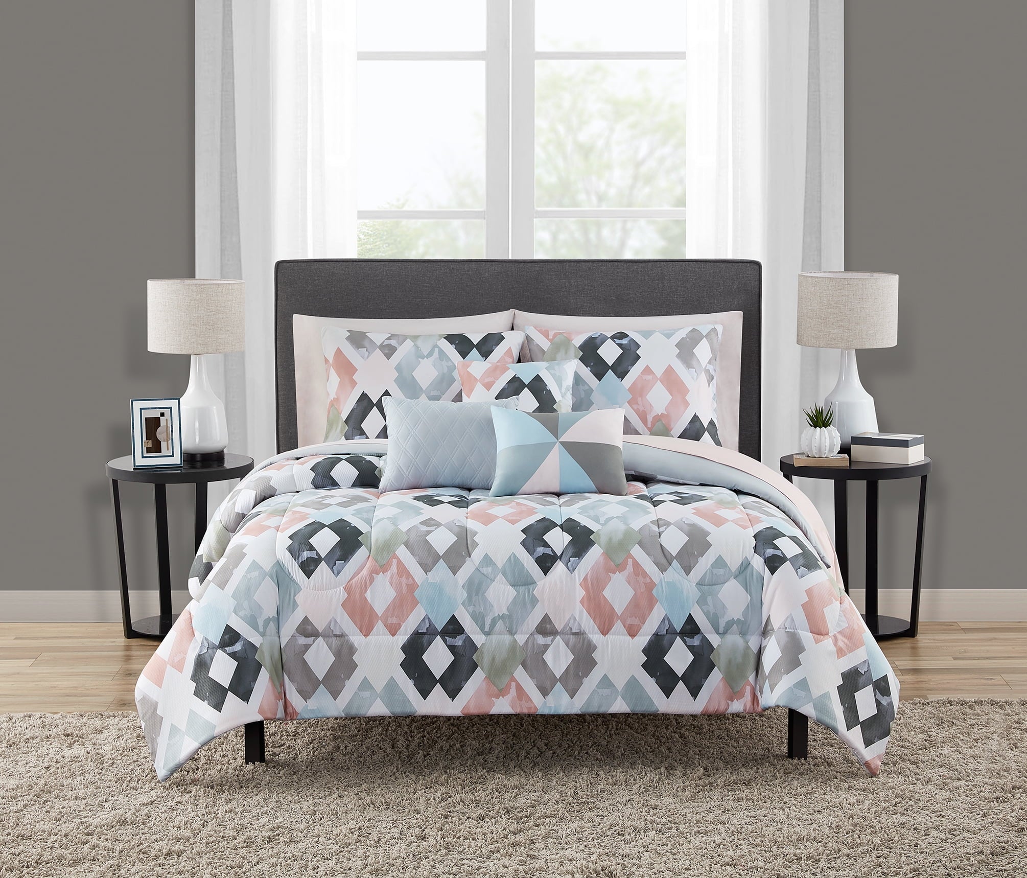 All-Season Reversible Marble Diamond 8-Piece Bed in a Bag Bedding Set, Twin/Twin XL - Luxurious Quilted Duvet Cover Set - Default Title