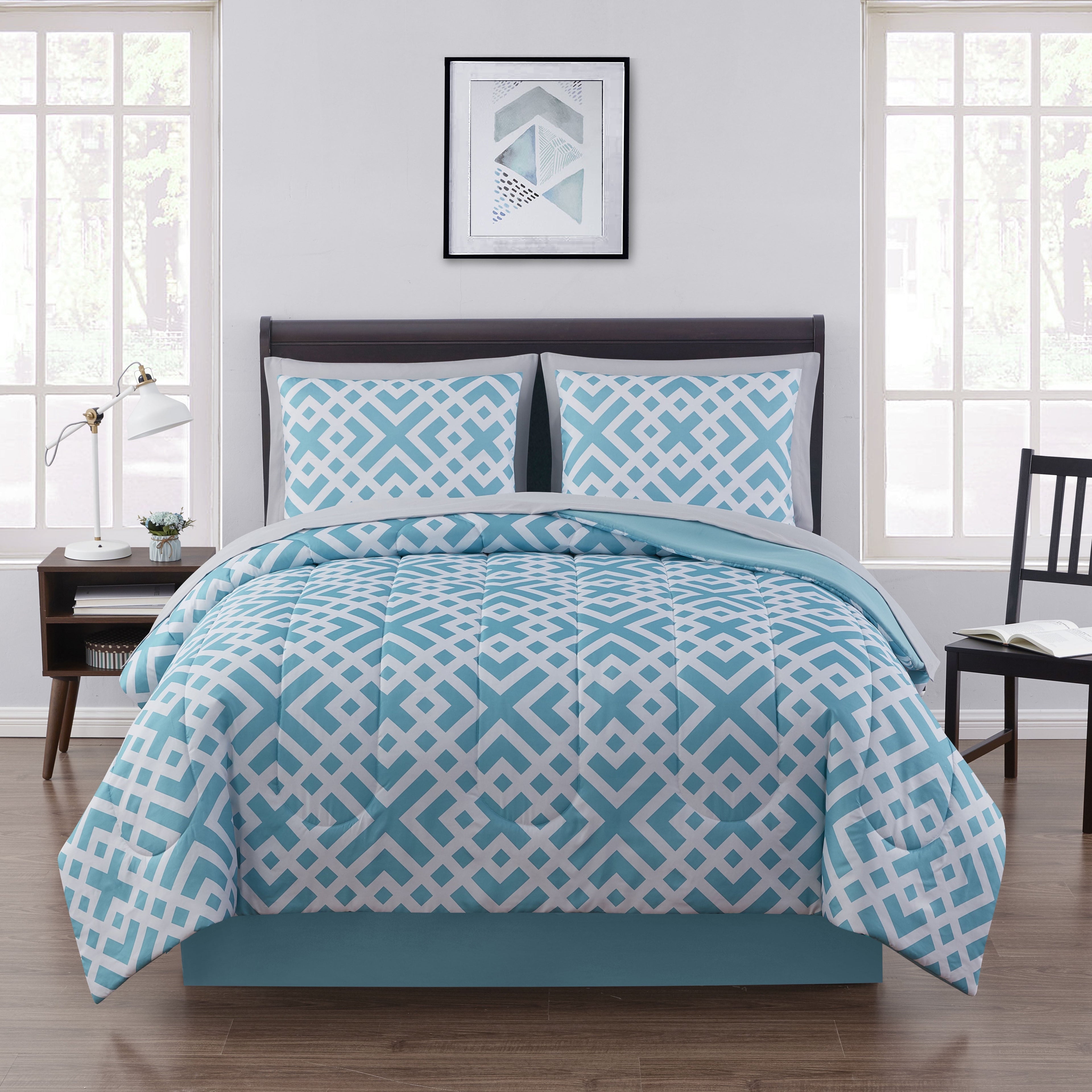 Fluffy Down Alternative Teal Geometric 6 Piece Bed in a Bag Comforter Set with Sheets, Twin/Twin-XL - Cloud-Like Soft Lightweight Bed Comforter - Default Title