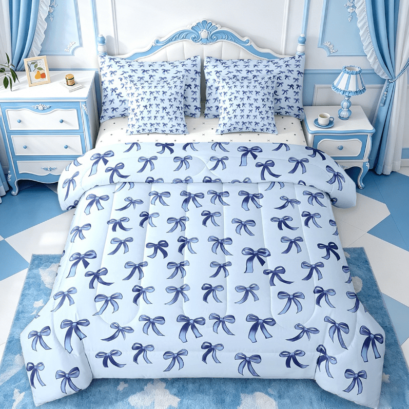 Luxurious Quilted Cute Bowknot Twin Bedding Sets 7-Piece,Girls Ribbon Bow Bedding Comforter Set,Dreamy Blue Sheet Sets For Girls,Super ... - All-Season Down Alternative Comforter Insert - Default Title