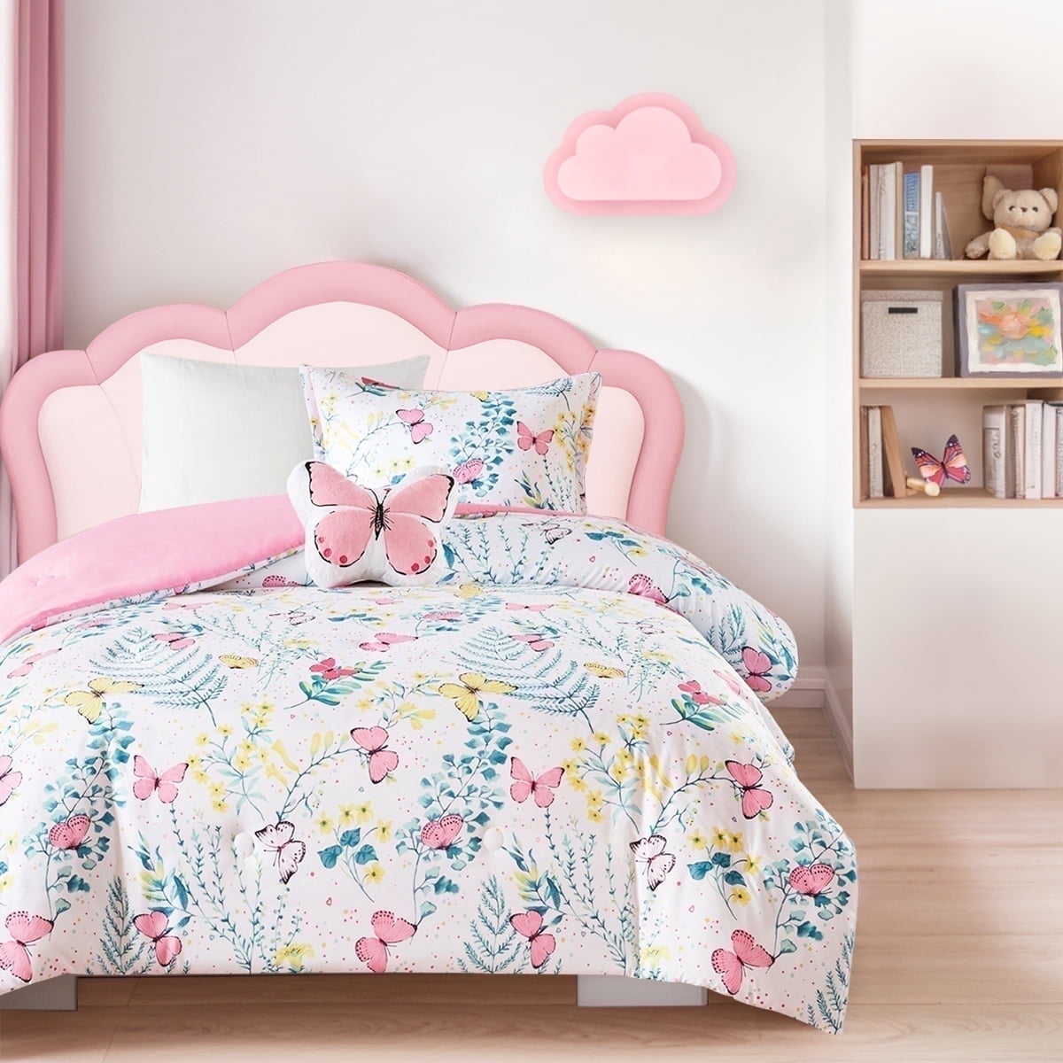 All-Season Full/Queen Size Comforter Sets, 4-Piece Kids Bedding Set for Girls, Butterfly Floral Comforter Bed Set, White/Pink - All-Season Down Alternative Comforter Insert - Default Title