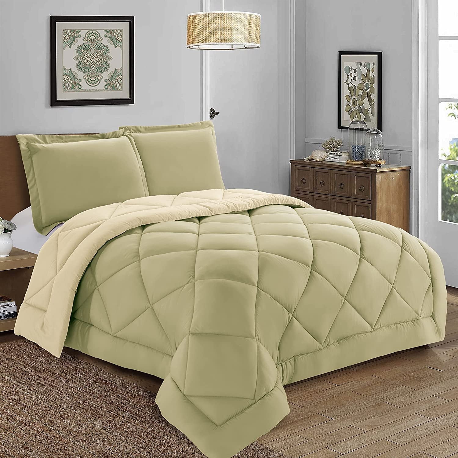 Heavyweight Warmth 3-Piece Comforter Set - Reversible, Box Stitched Down Alternative, King/California King, All Season Suitable, Sage/Cream - Cloud-Like Soft Lightweight Bed Comforter - Default Title