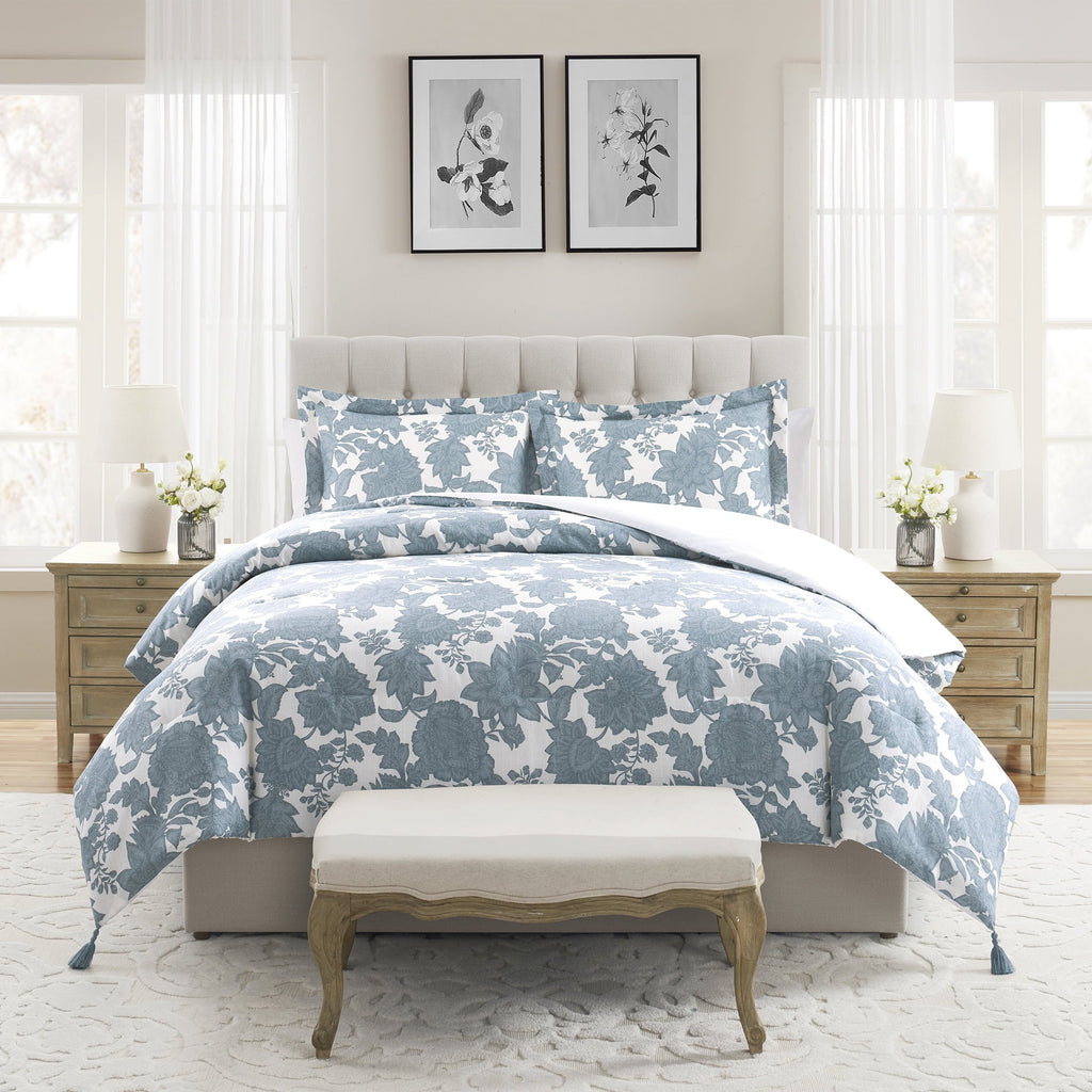 Hypoallergenic Cloud Veronica 3-Piece Blue Floral Cotton Slub Comforter Set, King - All-Season Down Alternative Comforter Insert - Default Title