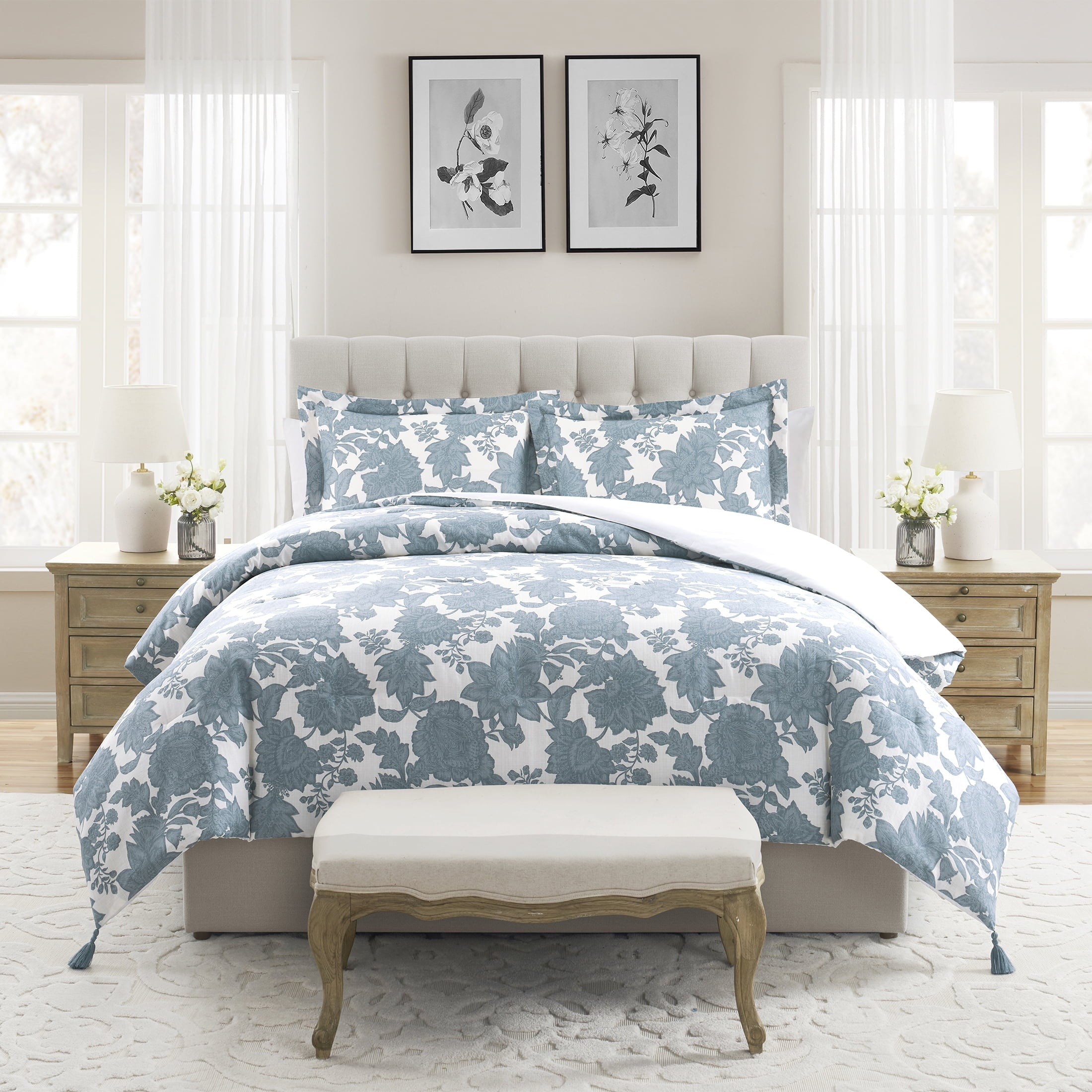 Hypoallergenic Cloud Veronica 3-Piece Blue Floral Cotton Slub Comforter Set, King - All-Season Down Alternative Comforter Insert - Default Title