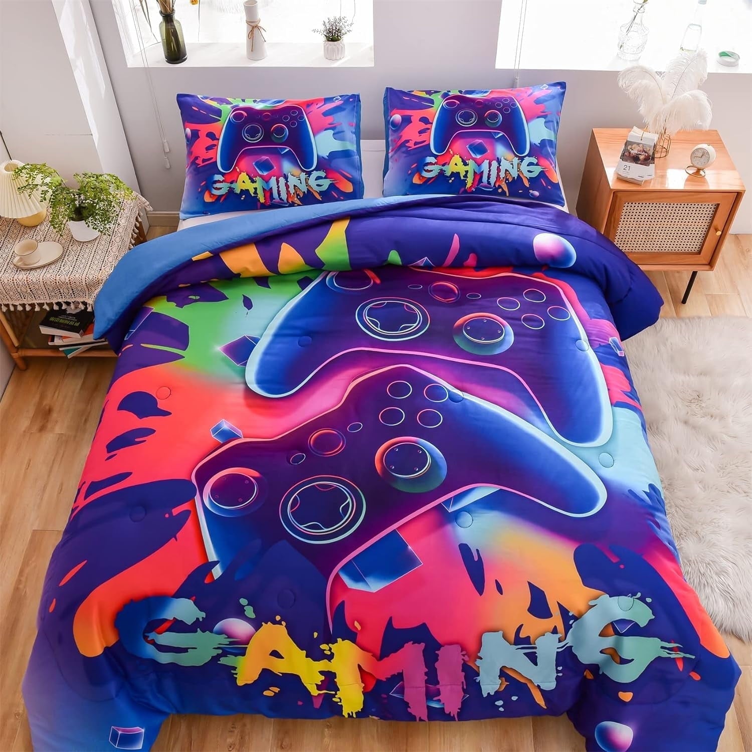 Luxurious Quilted Purple Queen Gaming Comforter Sets for Boys Kids Bedding Sets Colorful Games Console Gamer Quilt Set - Hypoallergenic Ultra-Fluffy Quilt for Winter - Default Title