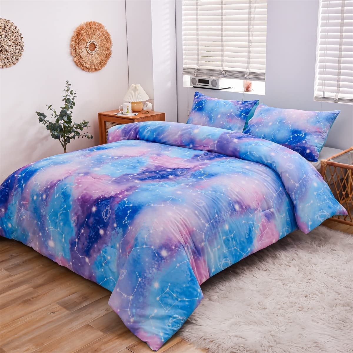 Luxurious Quilted Tie Dye Constellation Ombre Comforter Set Twin Gradient Galaxy Bedding Set Blue Purple - All-Season Down Alternative Comforter Insert - Default Title