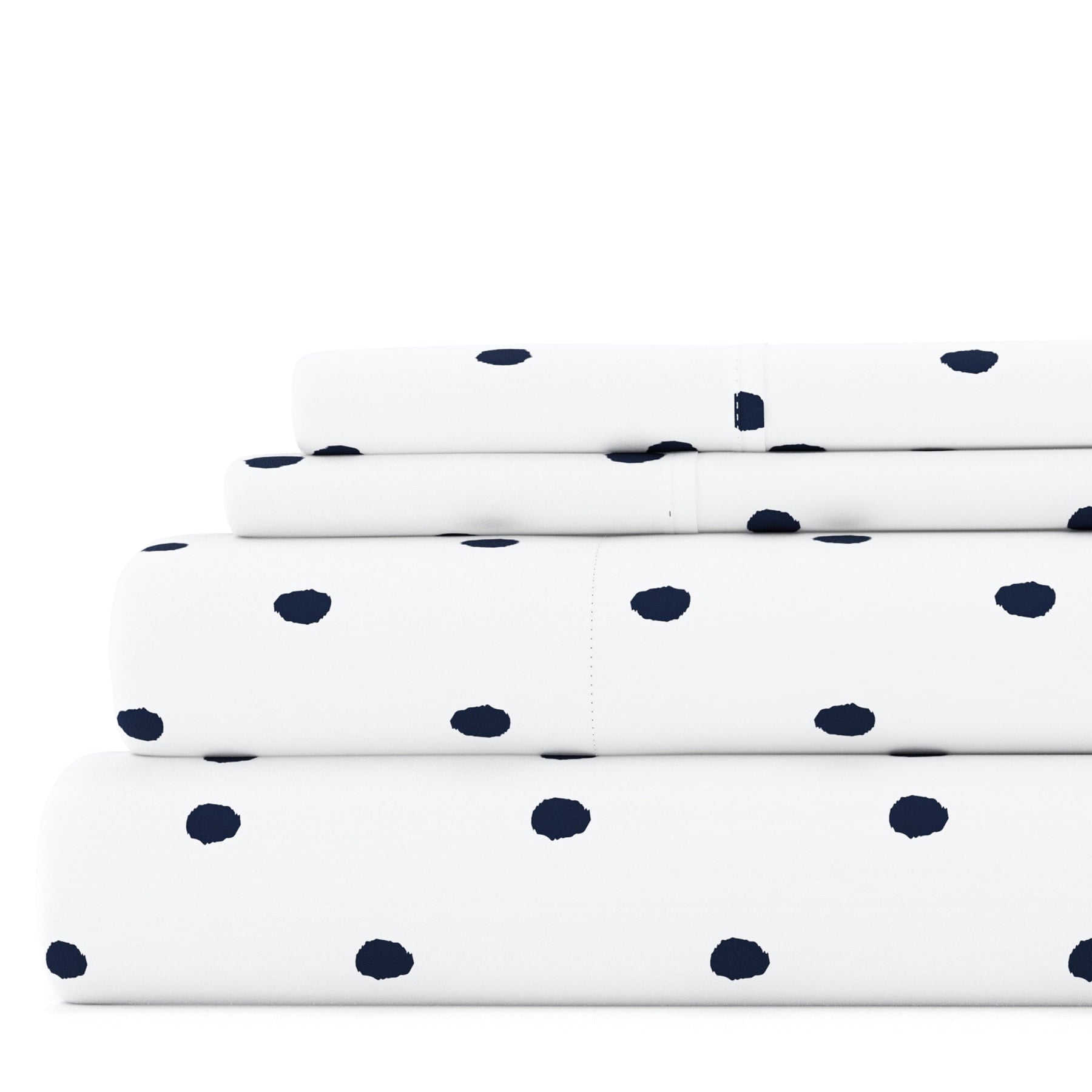 Cooling Sateen 4 Piece Pattern Microfiber Bed Sheets Set, Navy Dots, California King - Luxury Bed Sheet Set with Deep Pockets - Default Title