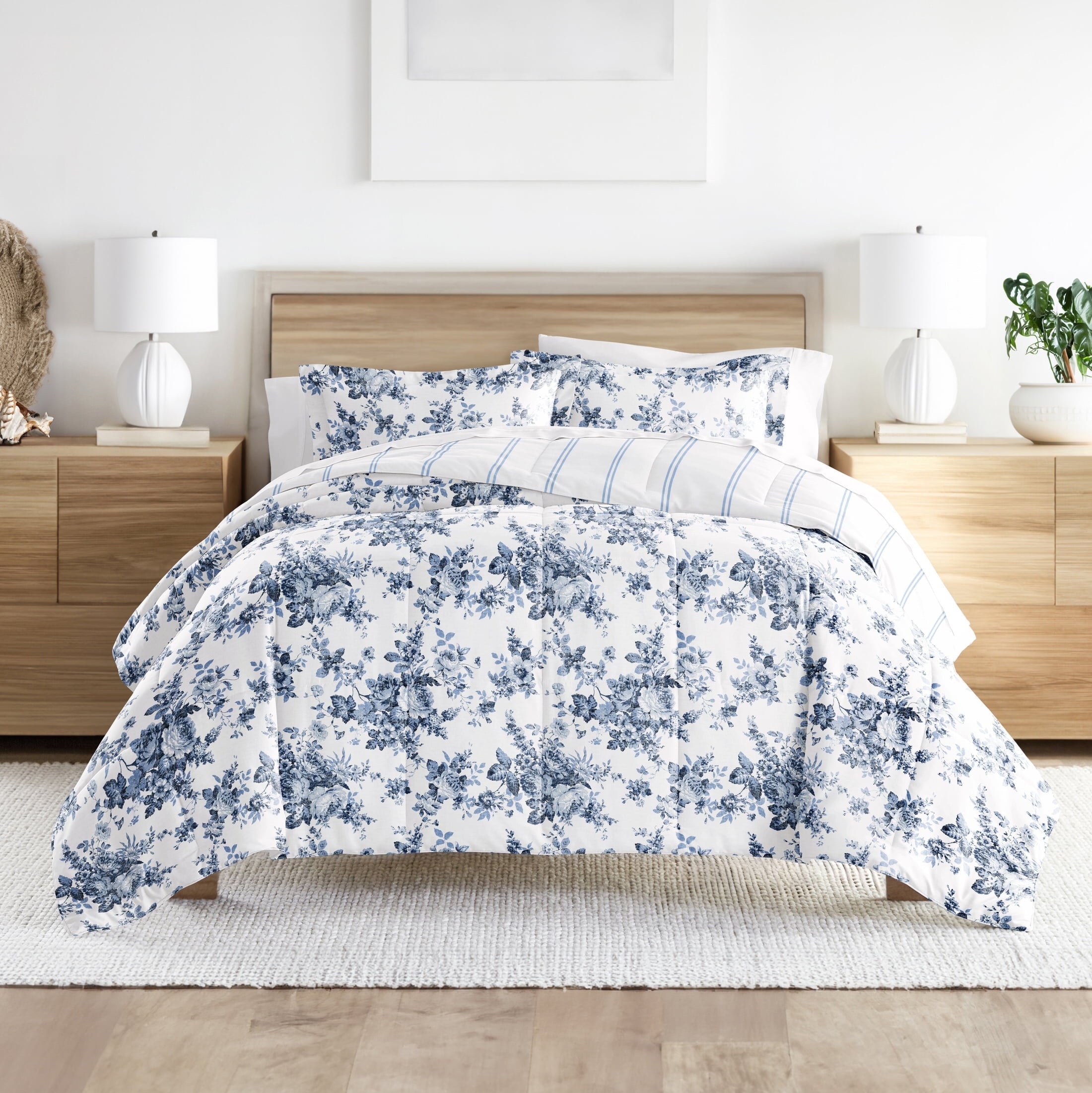 All-Season Down Alternative Cabbage Rose Stripe Stone Reversible Comforter Set - Hypoallergenic Ultra-Fluffy Quilt for Winter - Default Title