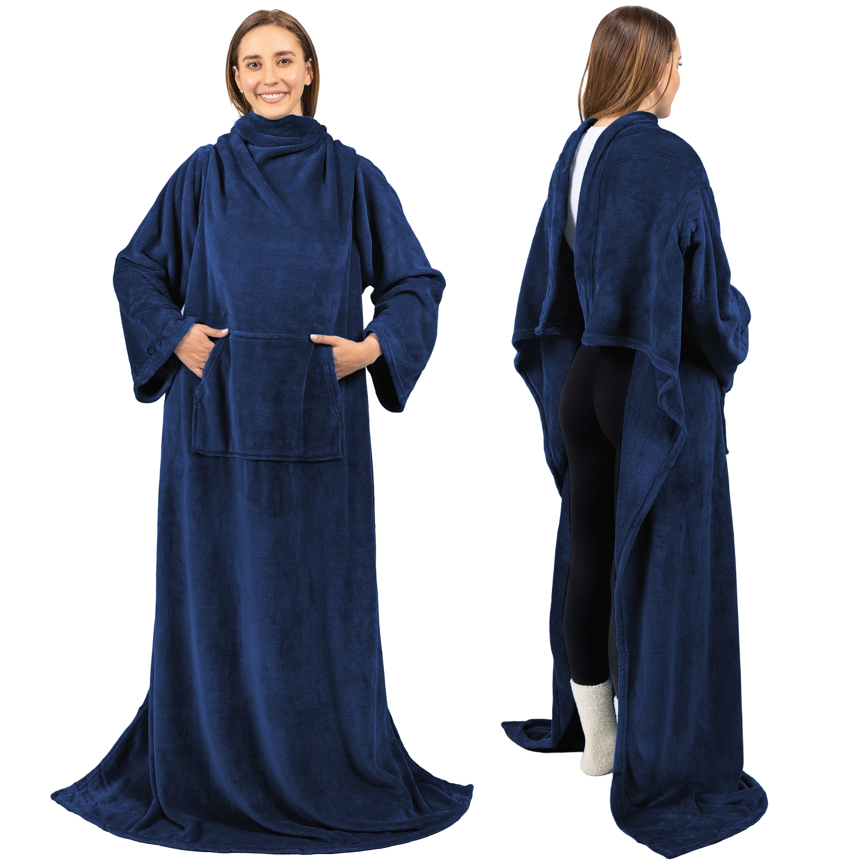 Reversible Sherpa Navy Blue Fleece Wearable Blanket with Sleeves for Adults Women Men, Soft Warm Full Body Wrap Throw, Sweatshirt Pocke... - Luxury Knitted Decorative Throw Blanket with Fringes - Default Title