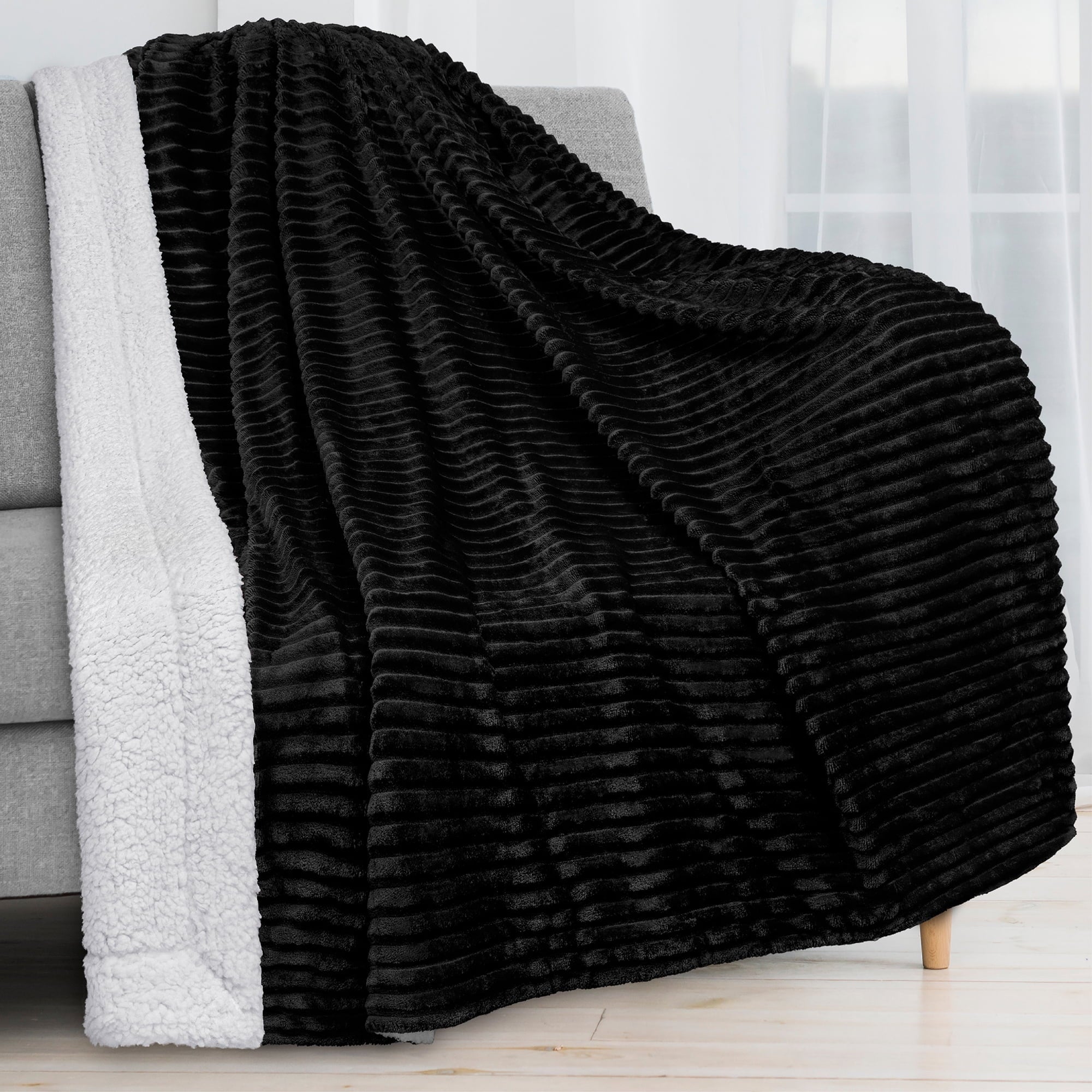 Reversible Sherpa Reversible Sherpa Fleece Throw Blanket Black, Plush Flannel Throw, Ultra Soft Warm Ribbed Microfiber Blanket for Sofa... - Super Soft Reversible Sherpa Flannel Blanket - Default Title
