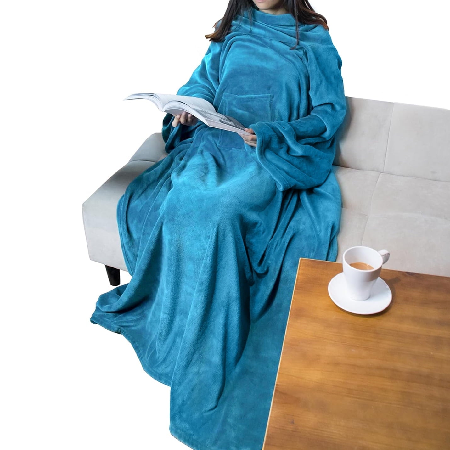 Reversible Sherpa Wearable Blanket with Sleeves for Adult Women Men, Cozy Fleece Warm Wrap Throw Blanket with Arms, Pocket, Gifts for C... - Luxury Knitted Decorative Throw Blanket with Fringes - Default Title
