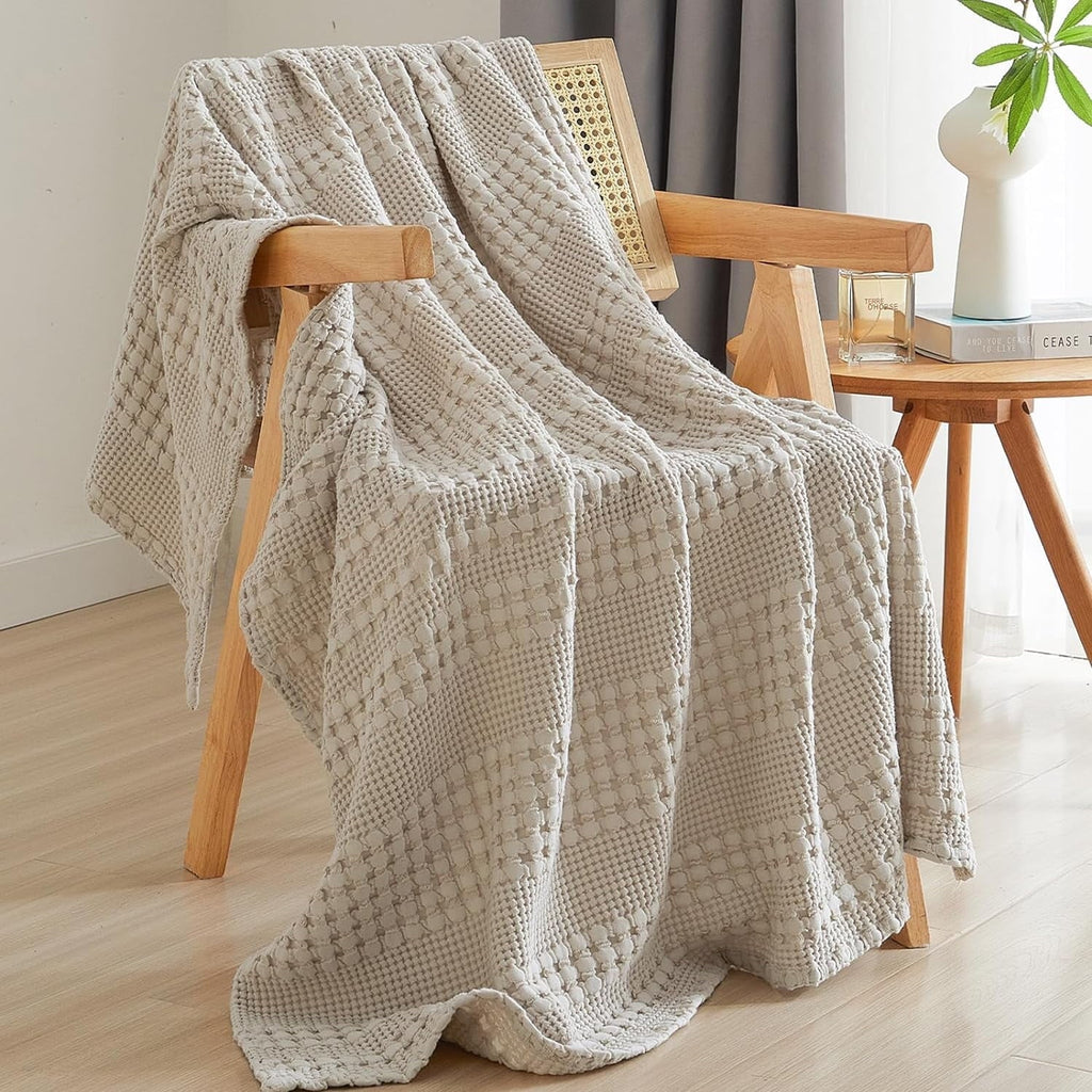 Reversible Sherpa 100% Cotton Waffle Weave Blanket, Lightweight Throw Washed Blanket for Bed Sofa Home Decor, Oatmeal, 50"x60" - Cozy Fleece Throw Blanket for Couch & Bed - Default Title
