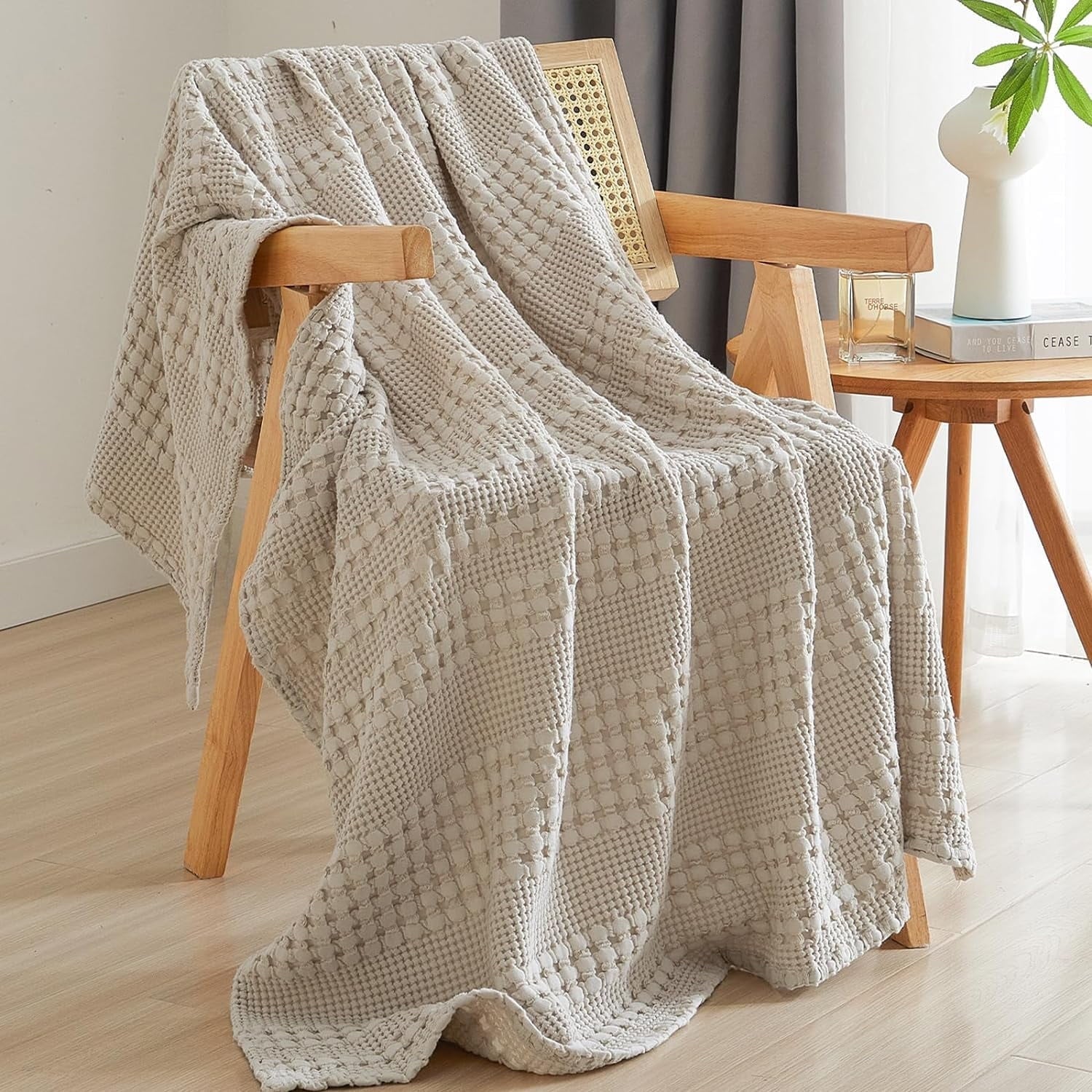 Reversible Sherpa 100% Cotton Waffle Weave Blanket, Lightweight Throw Washed Blanket for Bed Sofa Home Decor, Oatmeal, 50"x60" - Cozy Fleece Throw Blanket for Couch & Bed - Default Title