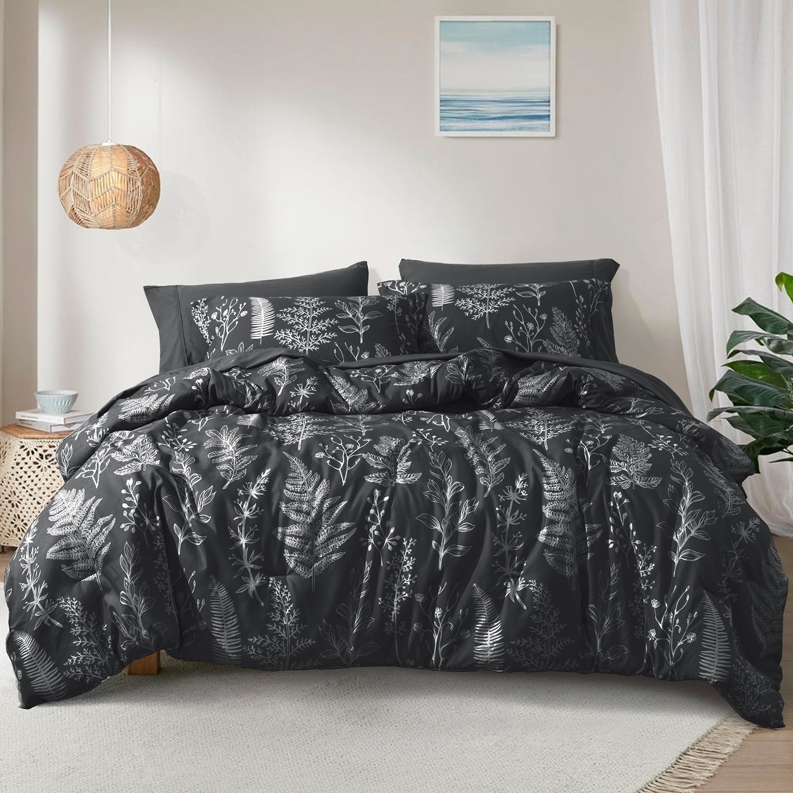 Luxurious Quilted 3 Pieces Printed Comforter Set Queen Size, Lightweight Botanical Floral Bed in a Bag, Ultra Soft Bedding Set with 1 R... - Hypoallergenic Ultra-Fluffy Quilt for Winter - Default Title