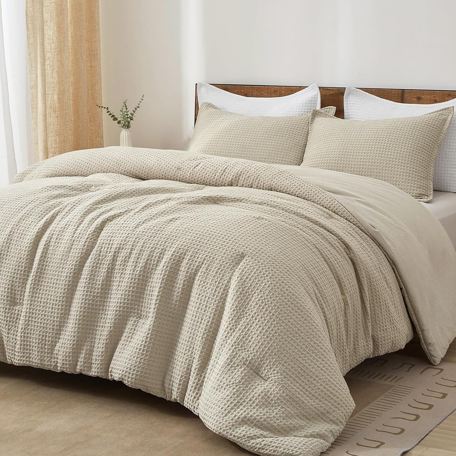 Luxurious Quilted 3-Piece Waffle Weave Comforter Set Queen Size, Lightweight Comfy Bedding Set for All Season, Ultra Soft Textured 1 Co... - All-Season Down Alternative Comforter Insert - Default Title