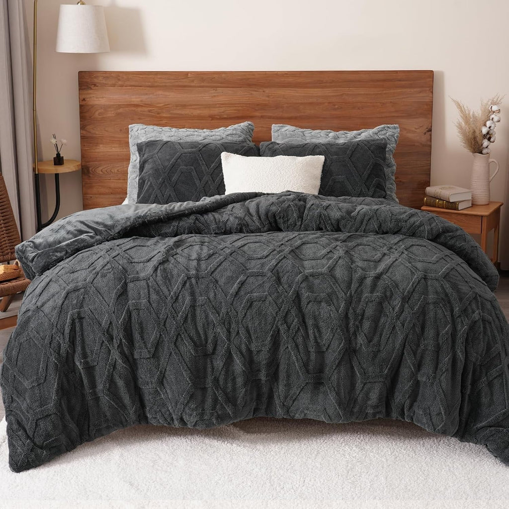 Heavyweight Warmth Warm Sherpa Fleece Queen Comforter Set, 3D Tufted Fluffy Dark Grey Bedding for Winter, Soft 3 Pieces Shaggy Bed Set, ... - Luxurious Quilted Duvet Cover Set - Default Title