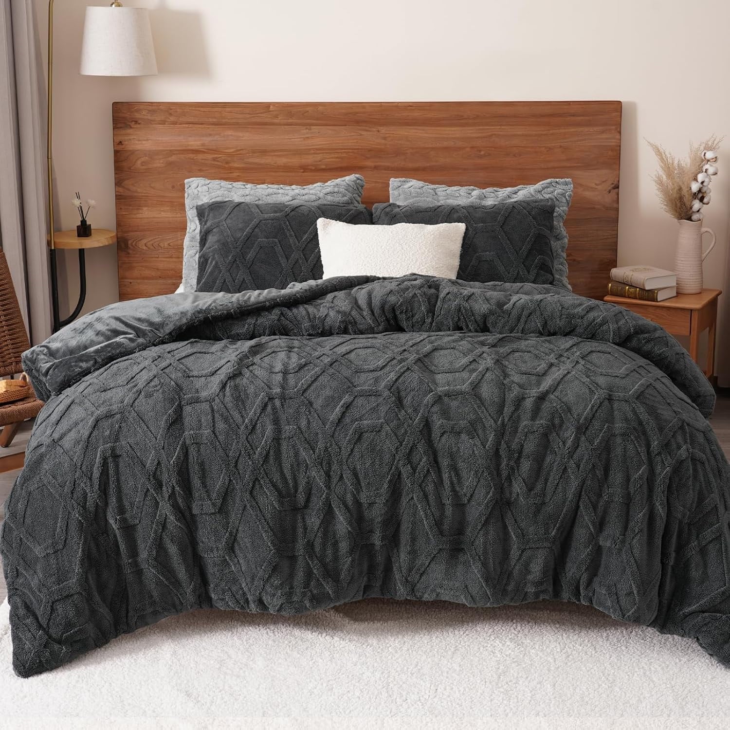 Heavyweight Warmth Warm Sherpa Fleece Queen Comforter Set, 3D Tufted Fluffy Dark Grey Bedding for Winter, Soft 3 Pieces Shaggy Bed Set, ... - Luxurious Quilted Duvet Cover Set - Default Title