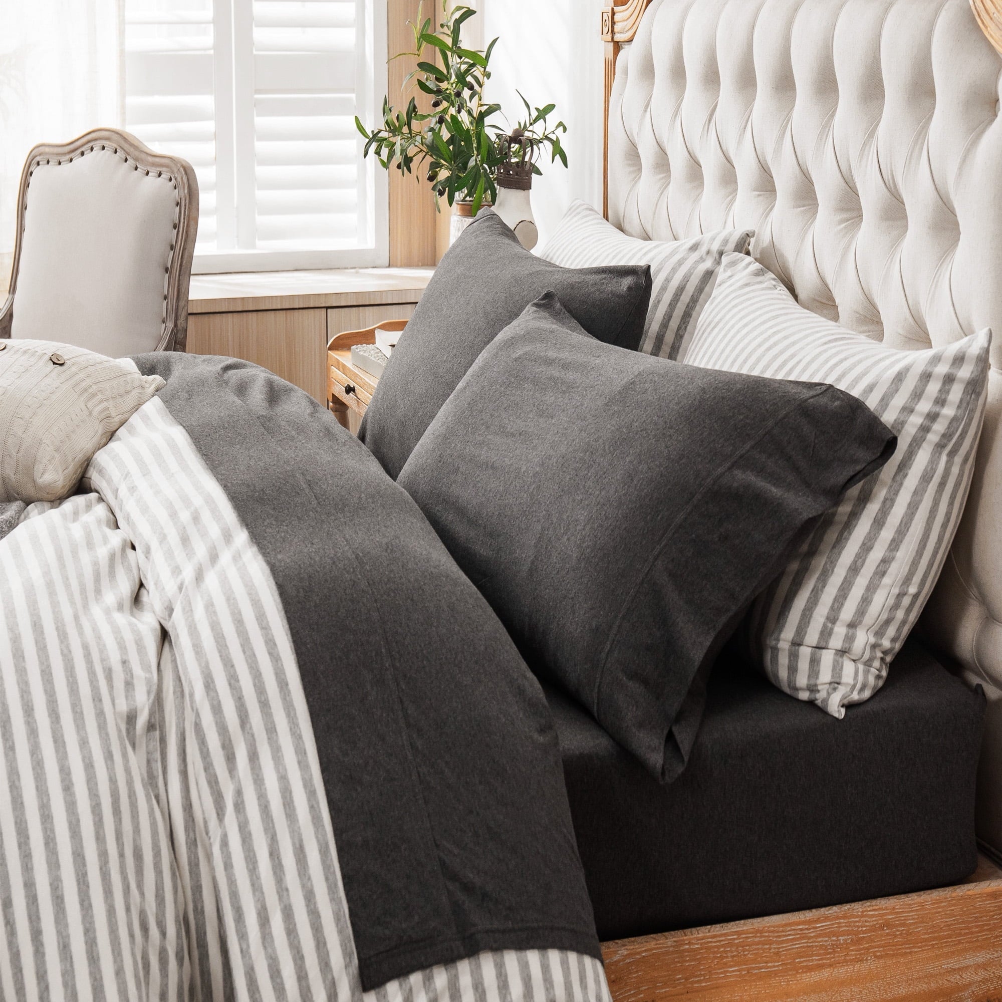 Premium Egyptian Cotton 100% Cotton Jersey Knit 4pc Bed Sheet Set Extra Deep Pocket up to 20" Charcoal Gray Queen - Luxury Bed Sheet Set with Deep Pockets - Default Title