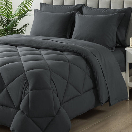 All-Season Queen Bed in a Bag Comforter Set with 7 Pieces - Dark Gray All Season Bedding Sets with Comforter, Pillow Shams, Flat... - Luxurious Quilted Duvet Cover Set - Default Title