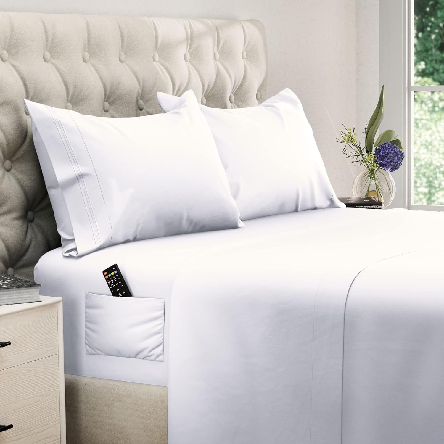 Ultra-Soft Set, Soft Microfiber 4 Piece Hotel Luxury Bed s with Deep Pockets, Embroidered Pillow Cases, Side Storage Pocket Fitt... - Breathable Egyptian Cotton Flat & Fitted Sheets - Default Title
