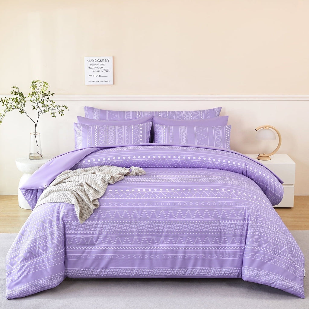 Fluffy Down Alternative 8-Pieces Boho Bedding Set Full Lavender Striped Bed in a Bag for Girls Women Soft Fluffy Purple Comforter Set with Sh... - Luxurious Quilted Duvet Cover Set - Default Title