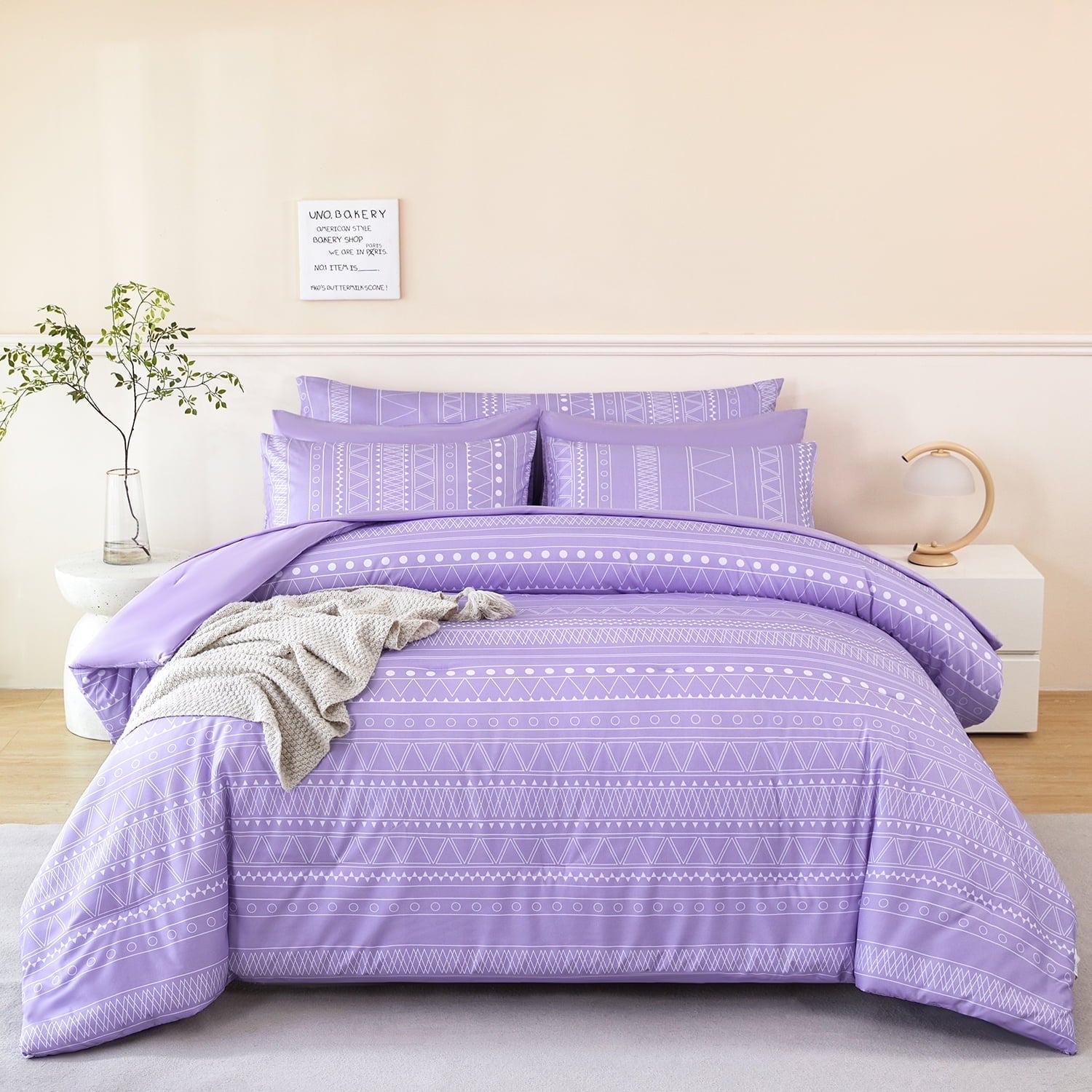 Fluffy Down Alternative 8-Pieces Boho Bedding Set Full Lavender Striped Bed in a Bag for Girls Women Soft Fluffy Purple Comforter Set with Sh... - Luxurious Quilted Duvet Cover Set - Default Title