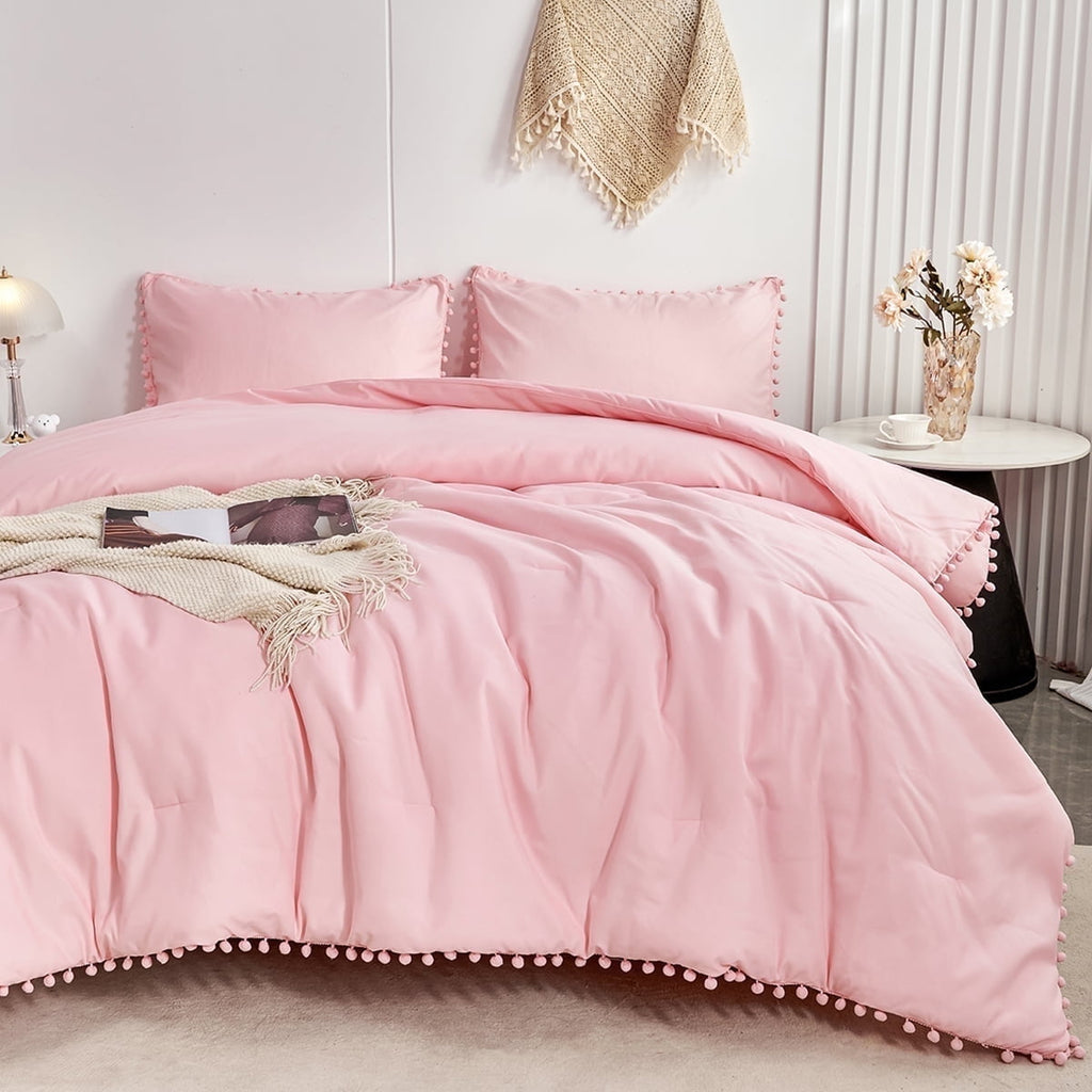 Fluffy Down Alternative Pink Full Size Comforter Set Pom Fringe 3 Pcs Boho Chic Cute Ball Pom Blush Bedding Set Cali Soft Lightweight Solid B... - Hypoallergenic Ultra-Fluffy Quilt for Winter - Default Title