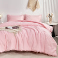 Fluffy Down Alternative Pink Full Size Comforter Set Pom Fringe 3 Pcs Boho Chic Cute Ball Pom Blush Bedding Set Cali Soft Lightweight Solid B... - Hypoallergenic Ultra-Fluffy Quilt for Winter - Default Title