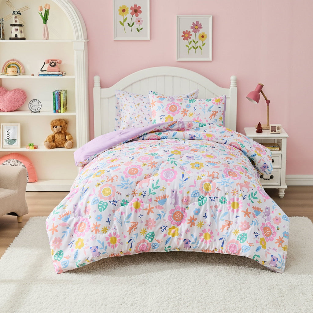 Luxurious Quilted Floral Comforter Set, Soft Microfiber Flower Bedding Set, 5 Pieces with Comforter, Sheets and Pillowcases, Twin - Luxurious Quilted Duvet Cover Set - Default Title