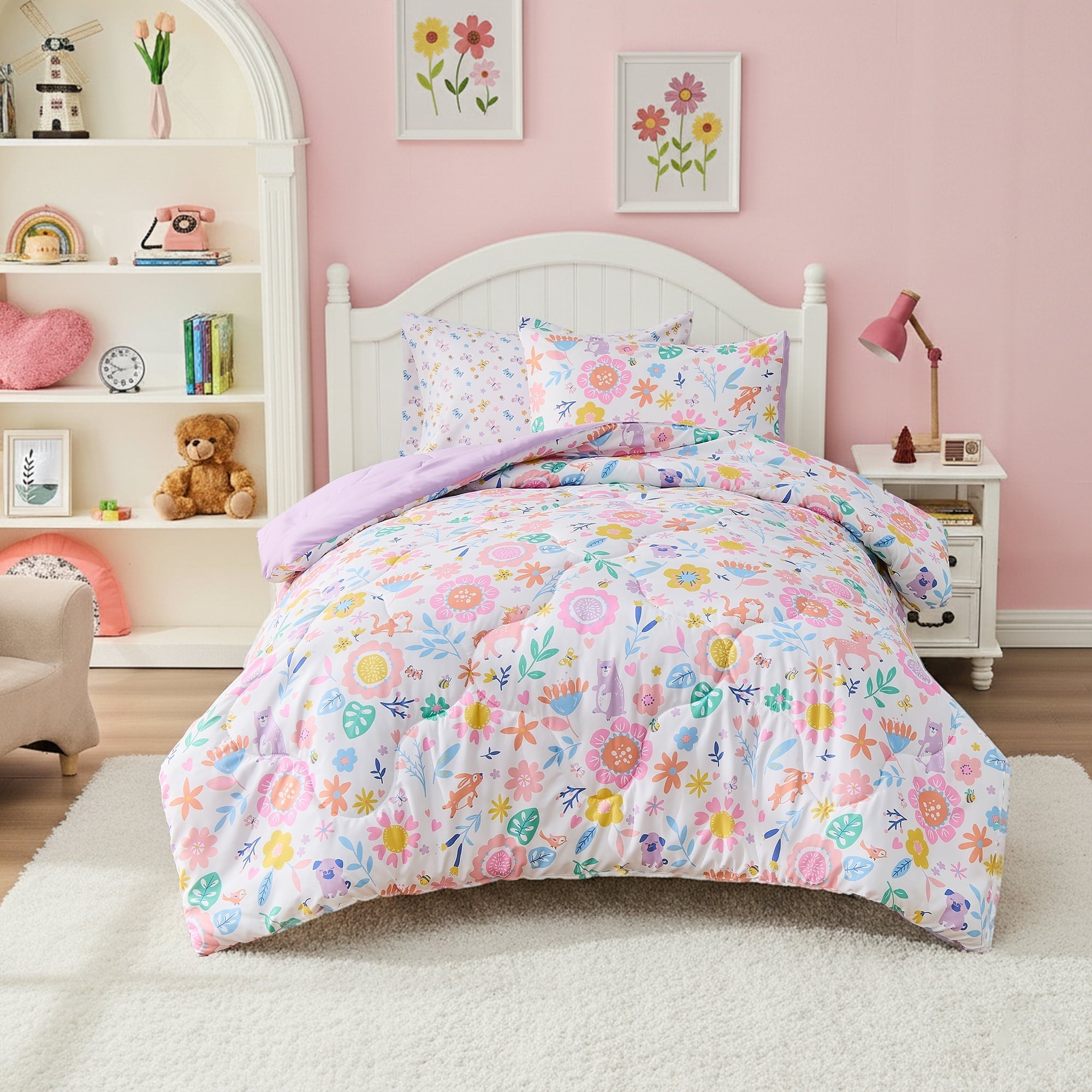 Luxurious Quilted Floral Comforter Set, Soft Microfiber Flower Bedding Set, 5 Pieces with Comforter, Sheets and Pillowcases, Twin - Luxurious Quilted Duvet Cover Set - Default Title