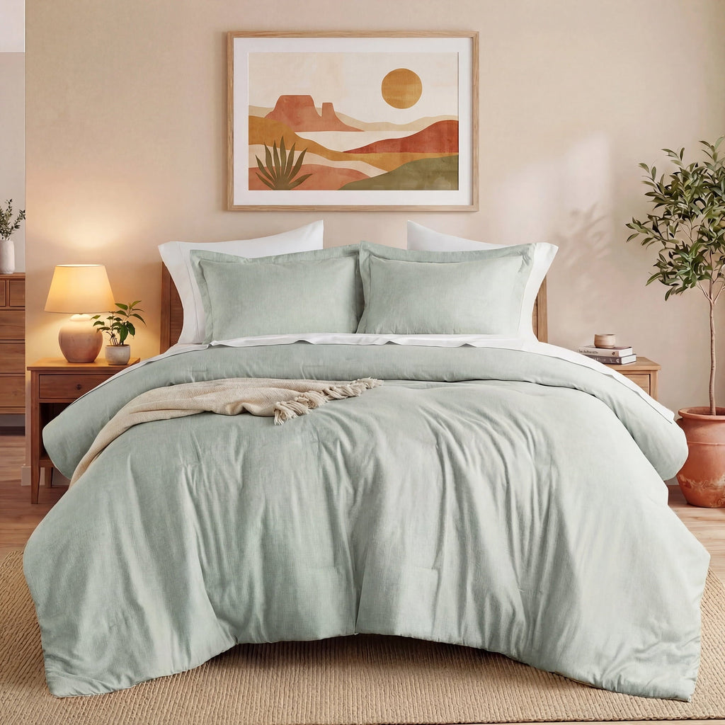 Luxurious Quilted Full/Queen Comforter Sets, Reversible 3 Piece Extra Soft Bedding Set, Chambray Print Sage Green Comforter Bed Set wit... - Cloud-Like Soft Lightweight Bed Comforter - Default Title