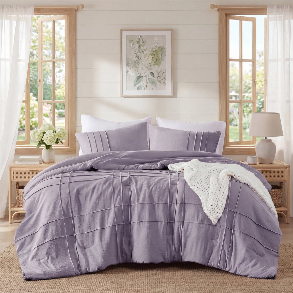 Fluffy Down Alternative Full/Queen Comforter Set, Boho 3-Piece Pintuck Stitching Bedding Set, Soft Washed Pleated Bed Sets with Pillow Shams,... - Luxurious Quilted Duvet Cover Set - Default Title