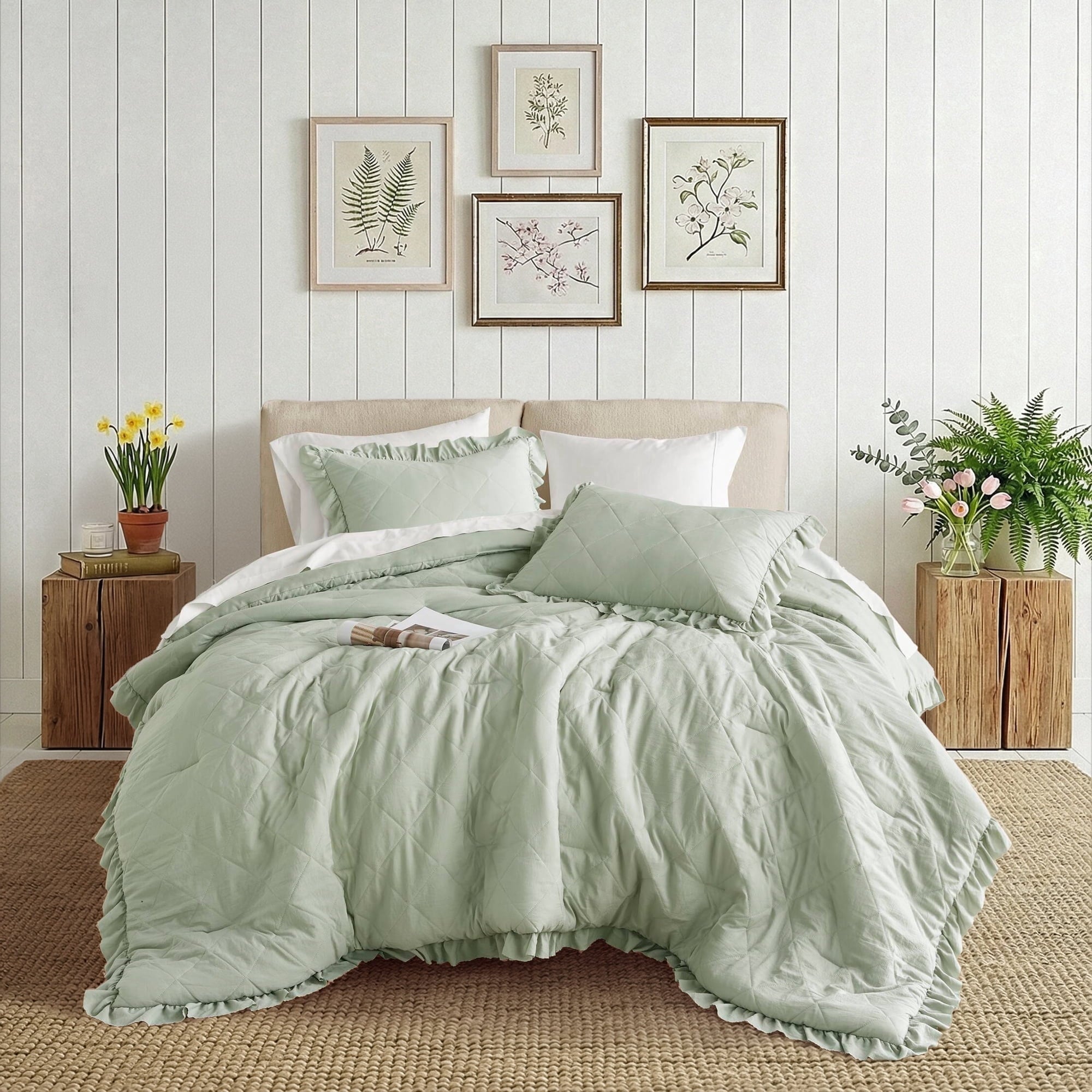 All-Season Full/Queen Comforter Set Sage, 3 Pieces Quilted Ruffle Comforters Full/Queen Size, Solid Bedding Comforters Sets, Gif... - Luxurious Quilted Duvet Cover Set - Default Title