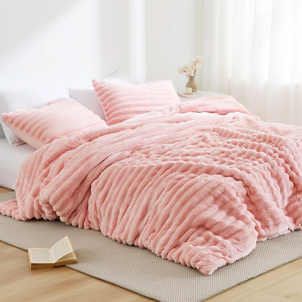 Fluffy Down Alternative Full/Queen Size Comforter Set, Fluffy Ribbed Plush Comforter Set, 3-Piece Bedding Set, Pink - Cloud-Like Soft Lightweight Bed Comforter - Default Title