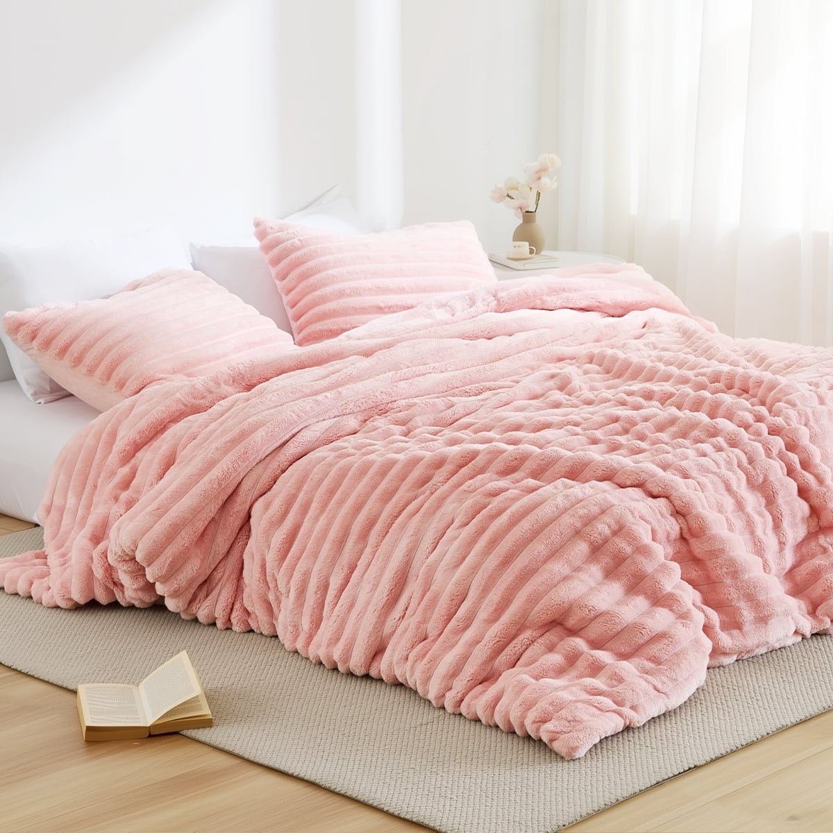 Fluffy Down Alternative Full/Queen Size Comforter Set, Fluffy Ribbed Plush Comforter Set, 3-Piece Bedding Set, Pink - Cloud-Like Soft Lightweight Bed Comforter - Default Title