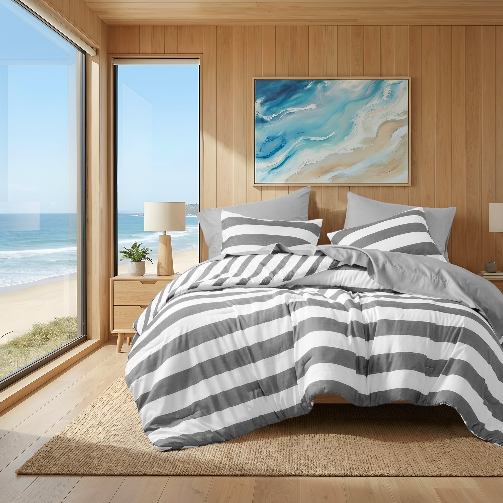Heavyweight Warmth Full/Queen Size Comforter Sets, 3-Piece Bedding Set Full/Queen, Reversible Striped Comforter Bed Set, Charcoal - Luxurious Quilted Duvet Cover Set - Default Title