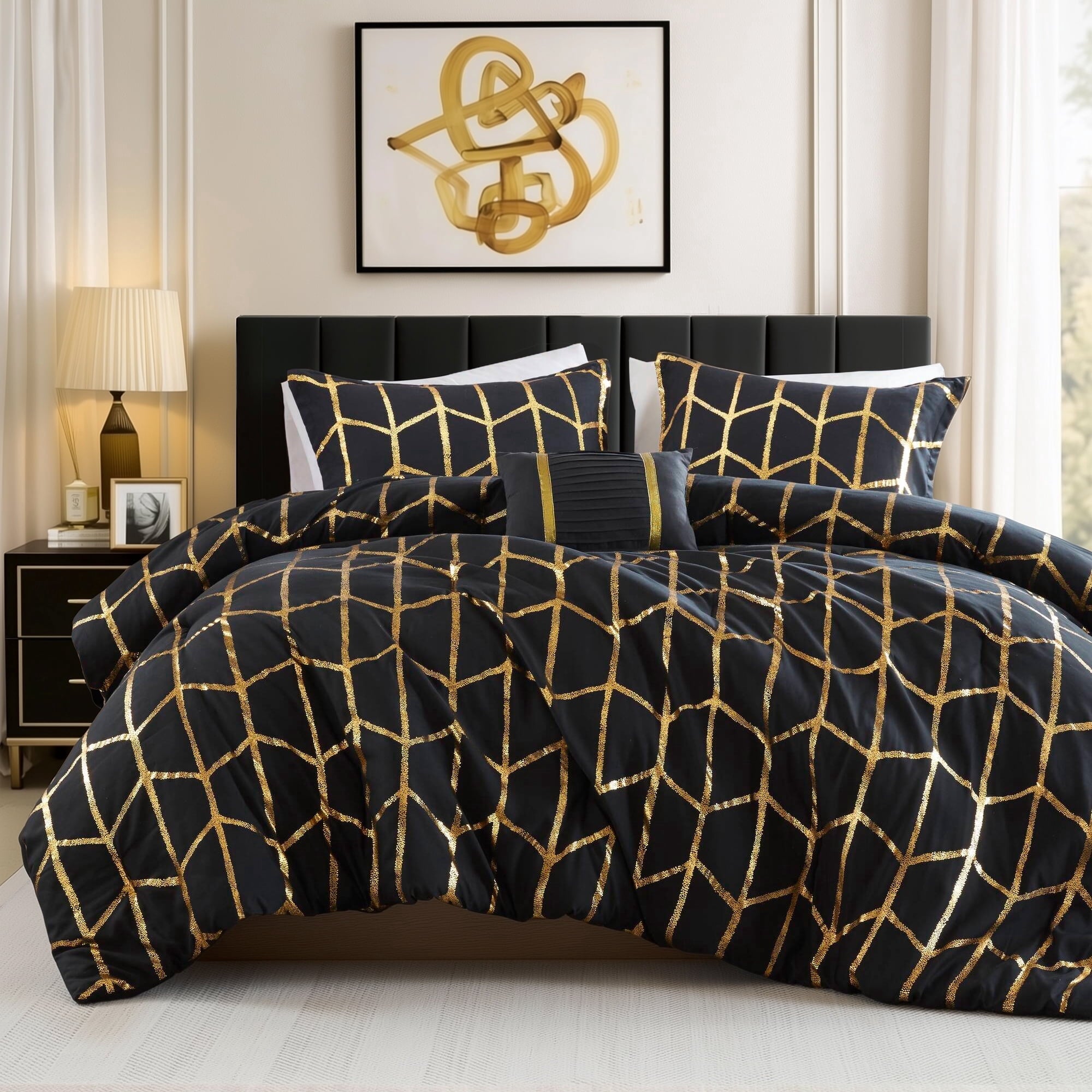 All-Season Full/Queen Size Comforter Set, 4-Piece Bedding Set for All Seasons, Geometric Metallic Comforter Bed Set with Decor P... - Cloud-Like Soft Lightweight Bed Comforter - Default Title