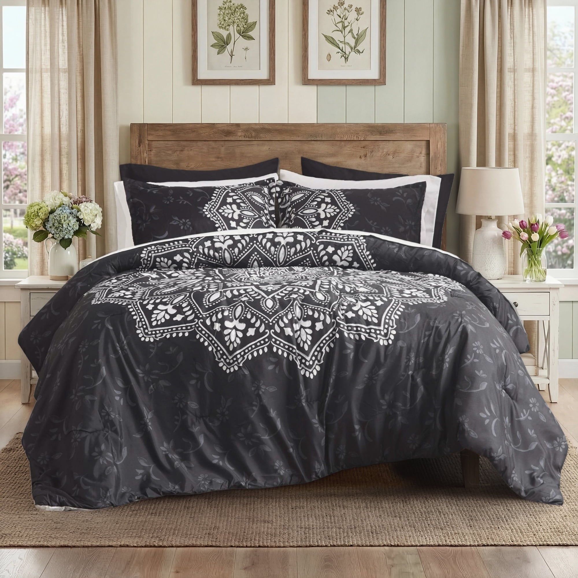 Fluffy Down Alternative Queen Comforter Set, Bedding Comforter Set Queen Size W/ Side Pockets, Black, 9 Pieces - All-Season Down Alternative Comforter Insert - Default Title