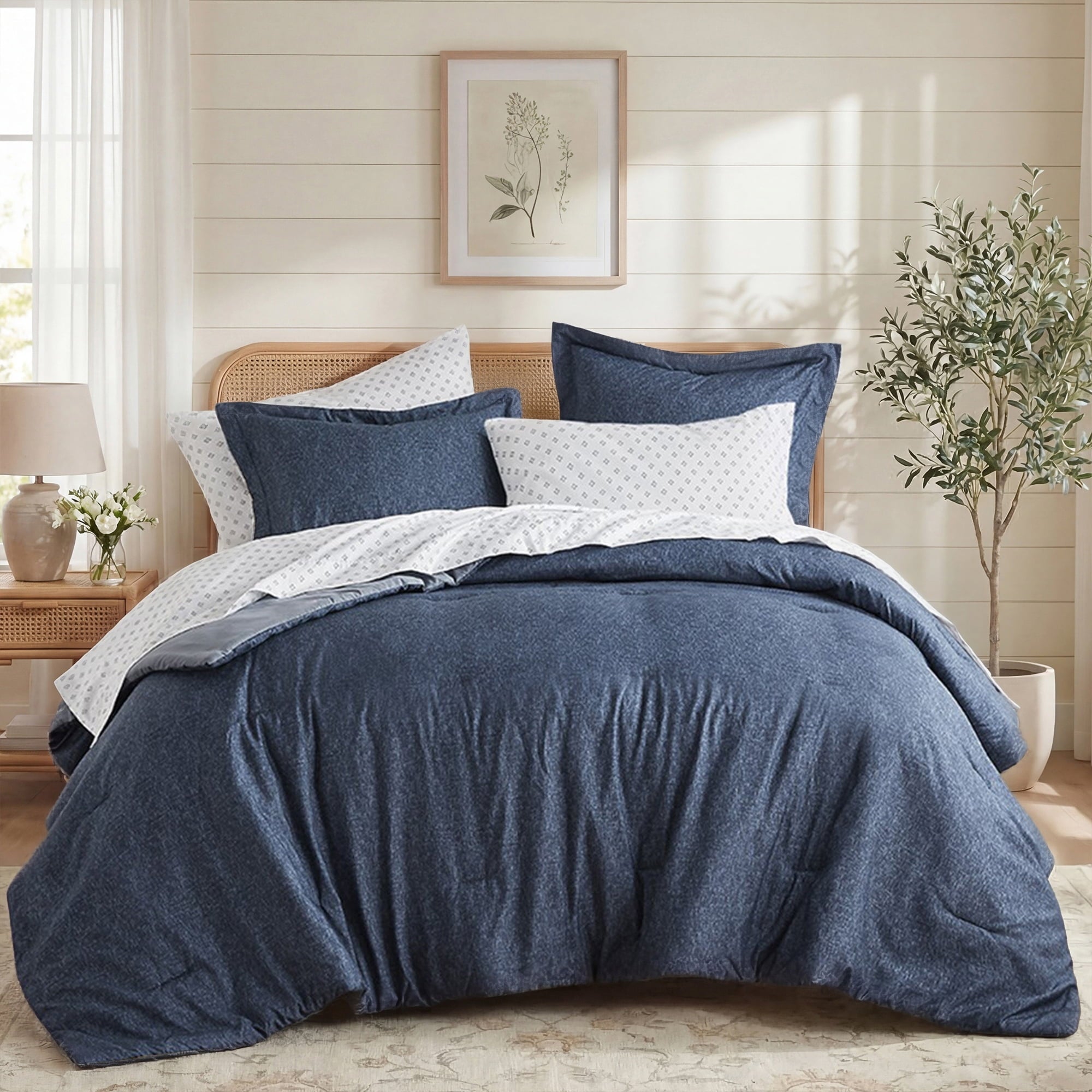Heavyweight Warmth Queen Size Comforter Set, 7-Piece Reversible Bed in a Bag with Sheets, Navy - All-Season Down Alternative Comforter Insert - Default Title
