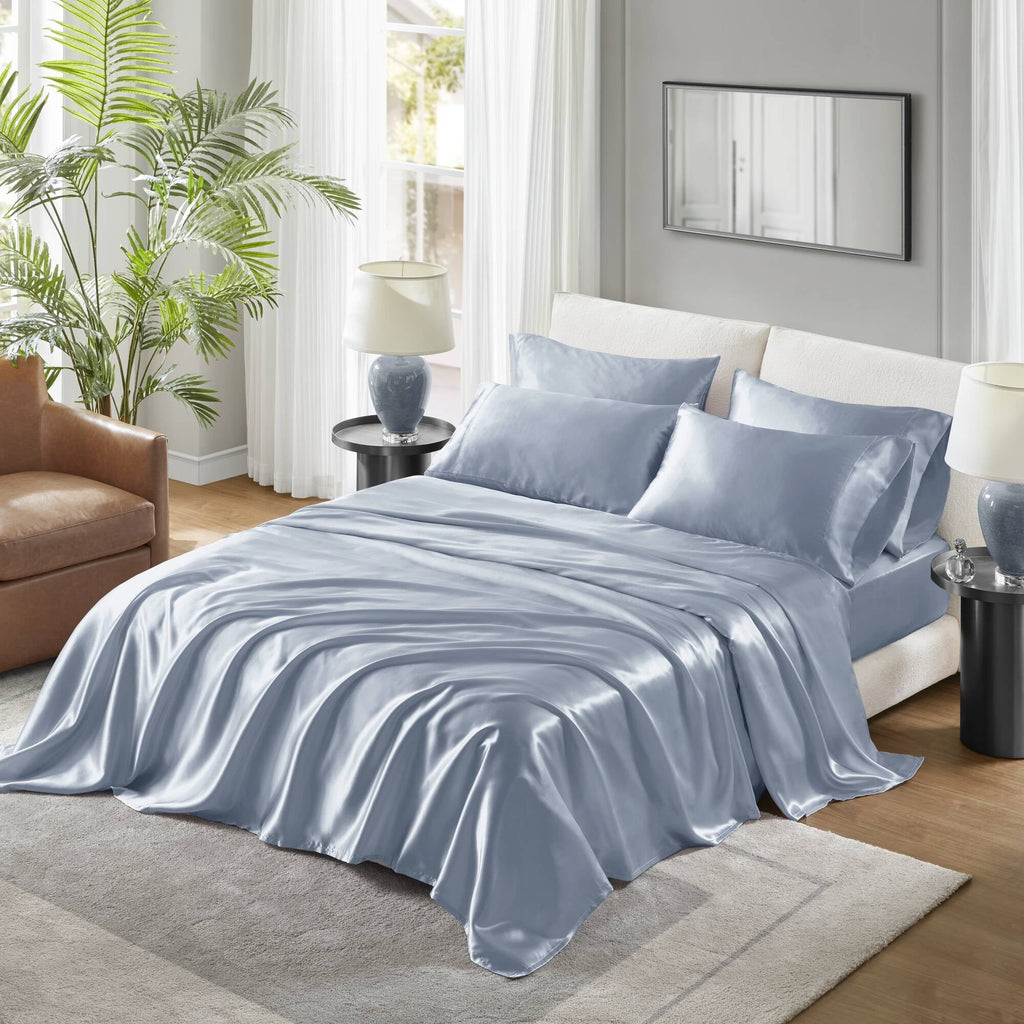 Premium Egyptian Cotton Satin Sheet Set, Twin Bed Sheets with Pillowcases, 4-Piece Luxury Silky Sheet Set, Blue, Gifts for Women - Premium Ultra-Soft Pillowcase Pair for Sleeping - Default Title