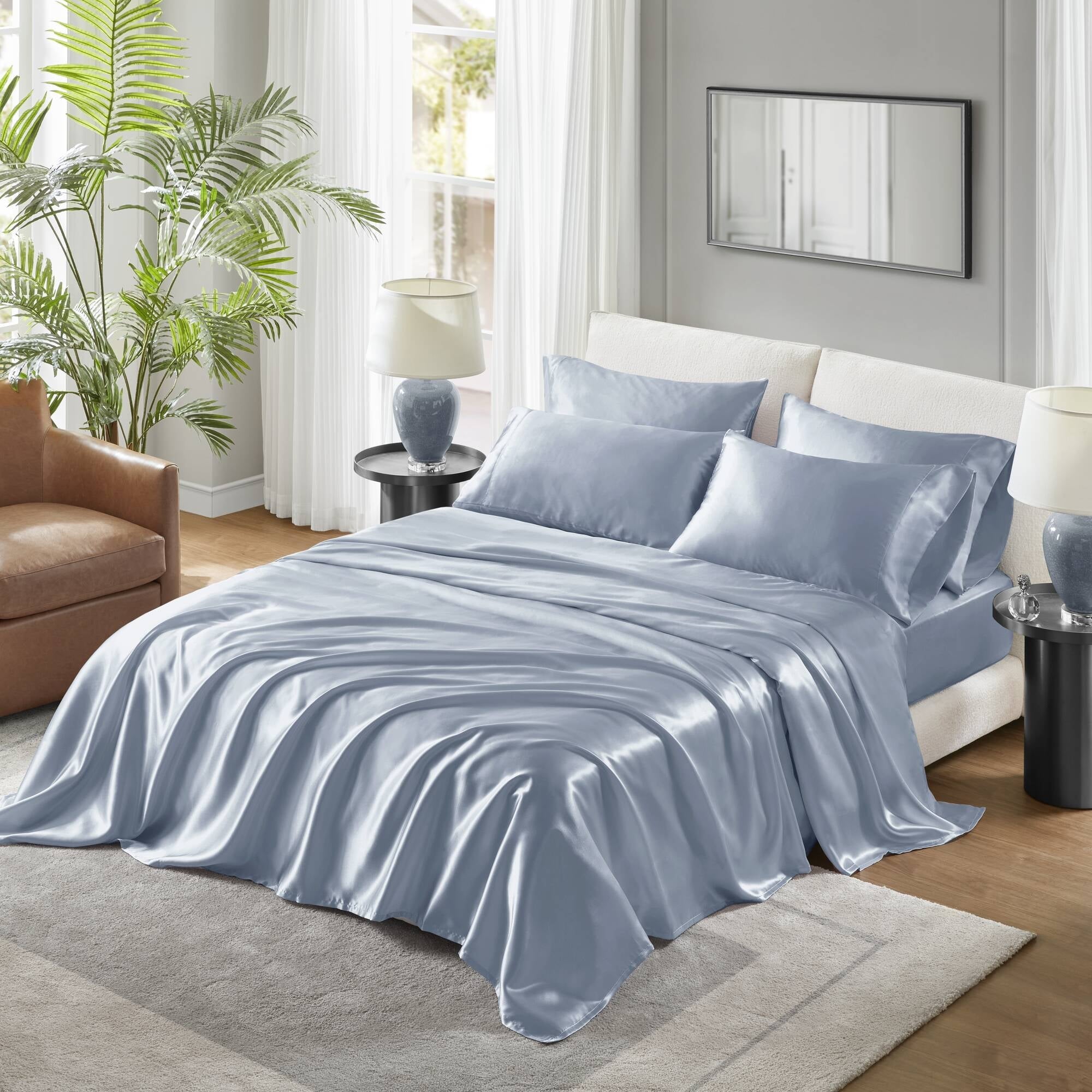 Premium Egyptian Cotton Satin Sheet Set, Twin Bed Sheets with Pillowcases, 4-Piece Luxury Silky Sheet Set, Blue, Gifts for Women - Premium Ultra-Soft Pillowcase Pair for Sleeping - Default Title