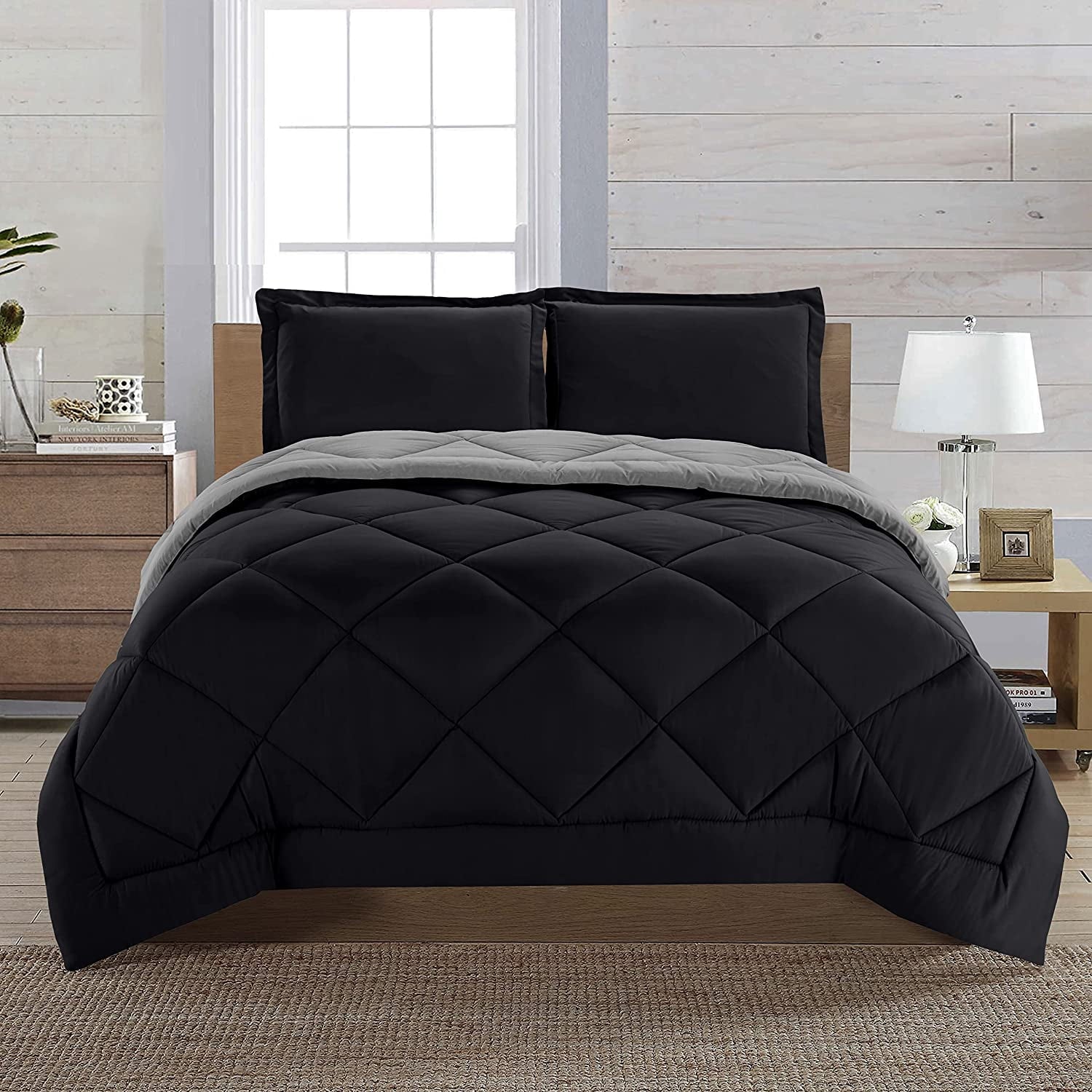 Hypoallergenic Cloud Reversible 3-Piece Comforter Set, Diamond Stitched, King, Black/Grey - Hypoallergenic Ultra-Fluffy Quilt for Winter - Default Title